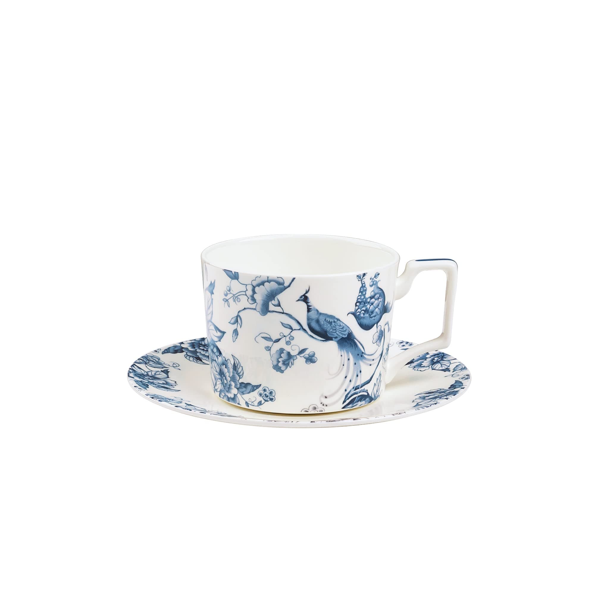 fanquare 9oz Bone China Tea Cup and Saucer Set for 1, Blue and White Coffee Cup with Plate Set, British Floral Porcelain Tea Cup for Women