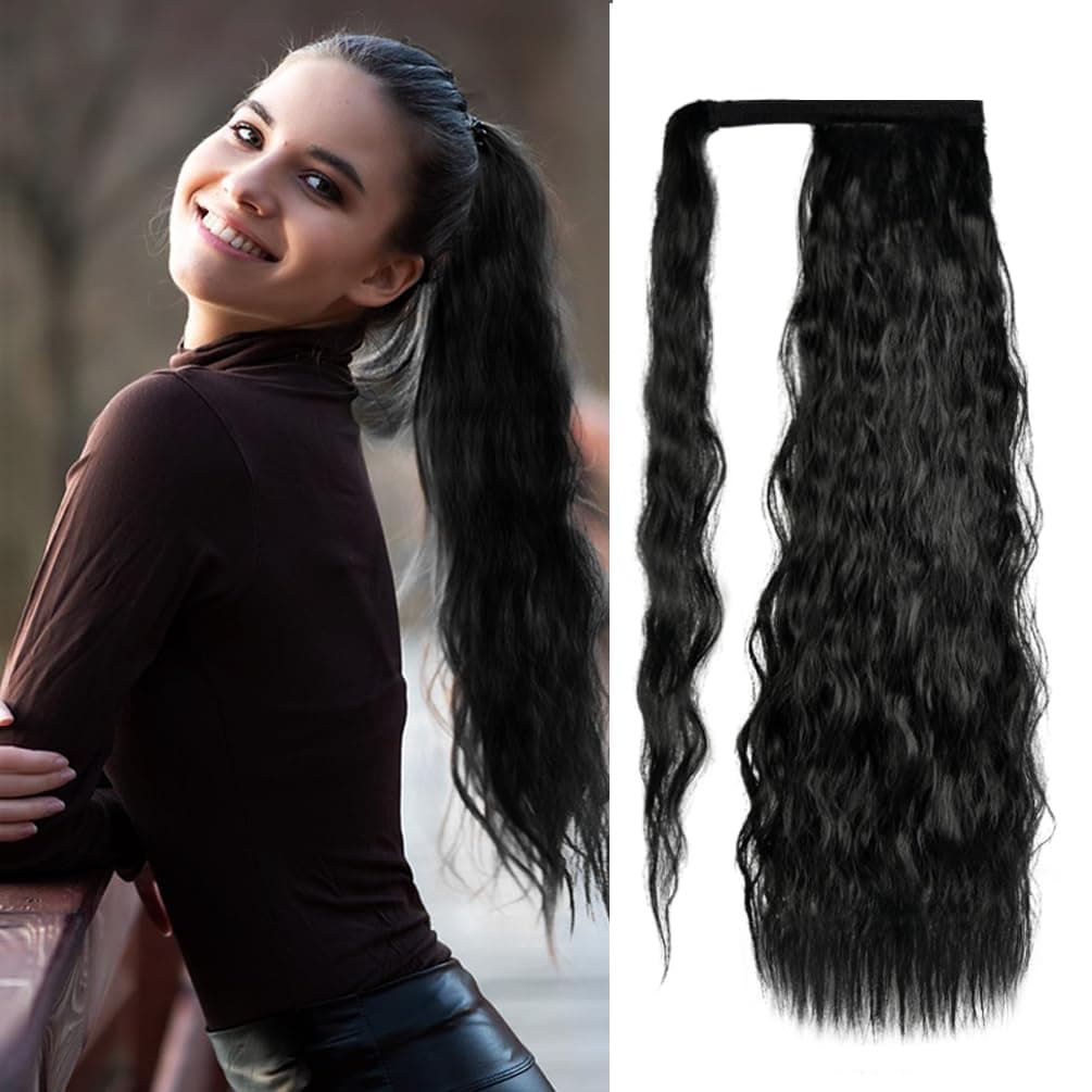 Corn Wave Ponytail Extension Wrap Around 26 Inches Long Curly Wavy Pony Tail Extension Synthetic Black Ponytails Hairpiece for Women Girls (26 Inches, 1B Natural Black)