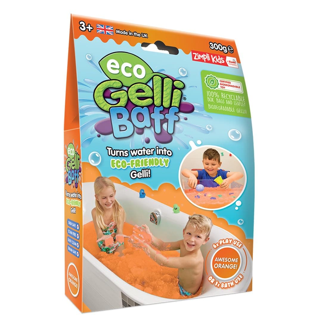 Zimpli Kids Eco Gelli Baff Orange, 1 Bath or 6 Play Uses , Magically turns water into thick, colourful goo, Eco Friendly Toy, Eco-Conscious Bath Toys for Girls & Boys, Messy & Multi-Sensory Play