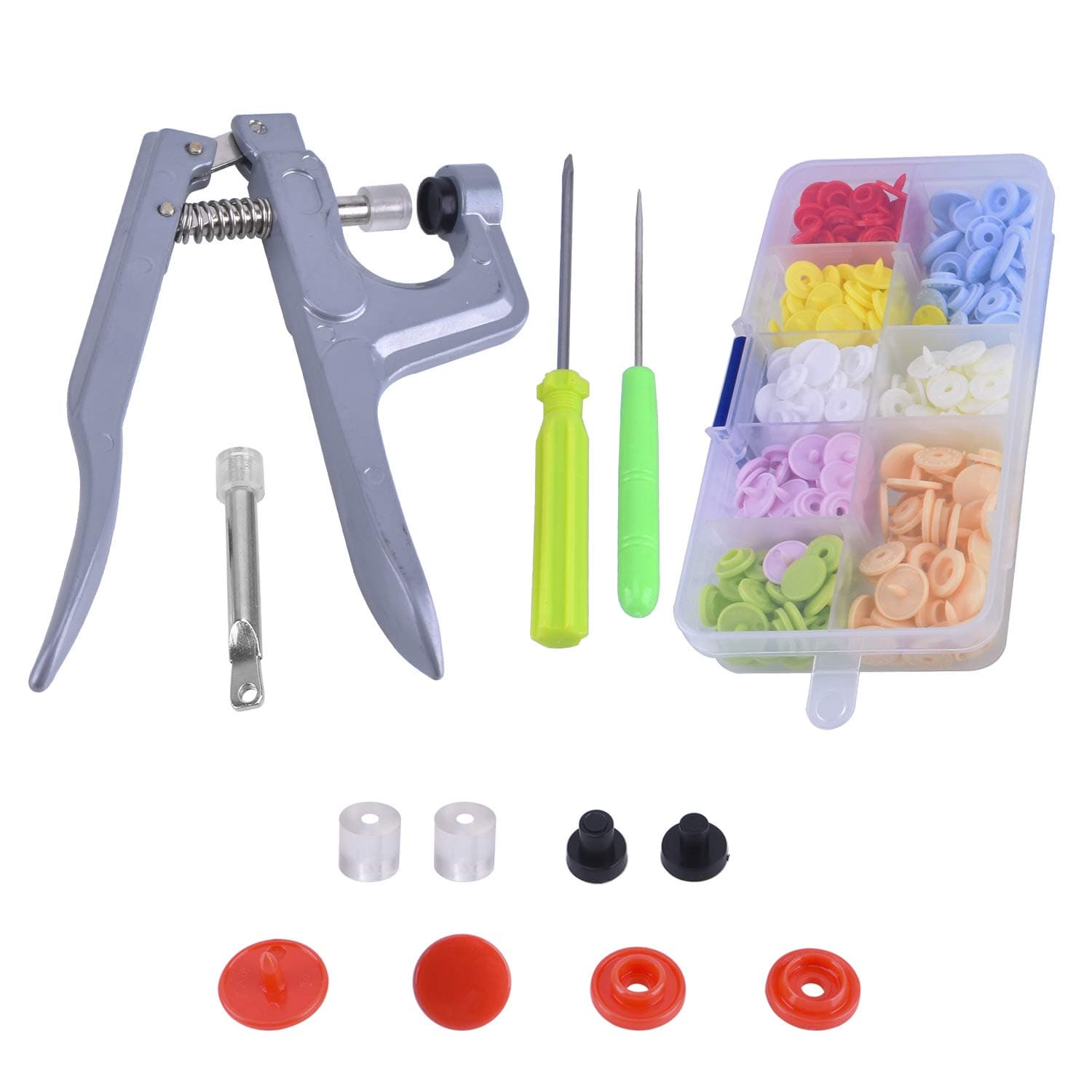 Blovec Plastic Snap Buttons and Snap Pliers Set 80 pcs No-Sew T3 T5 Snap-On Buttons Fasteners Organizer Storage Case for Sewing and Crafting