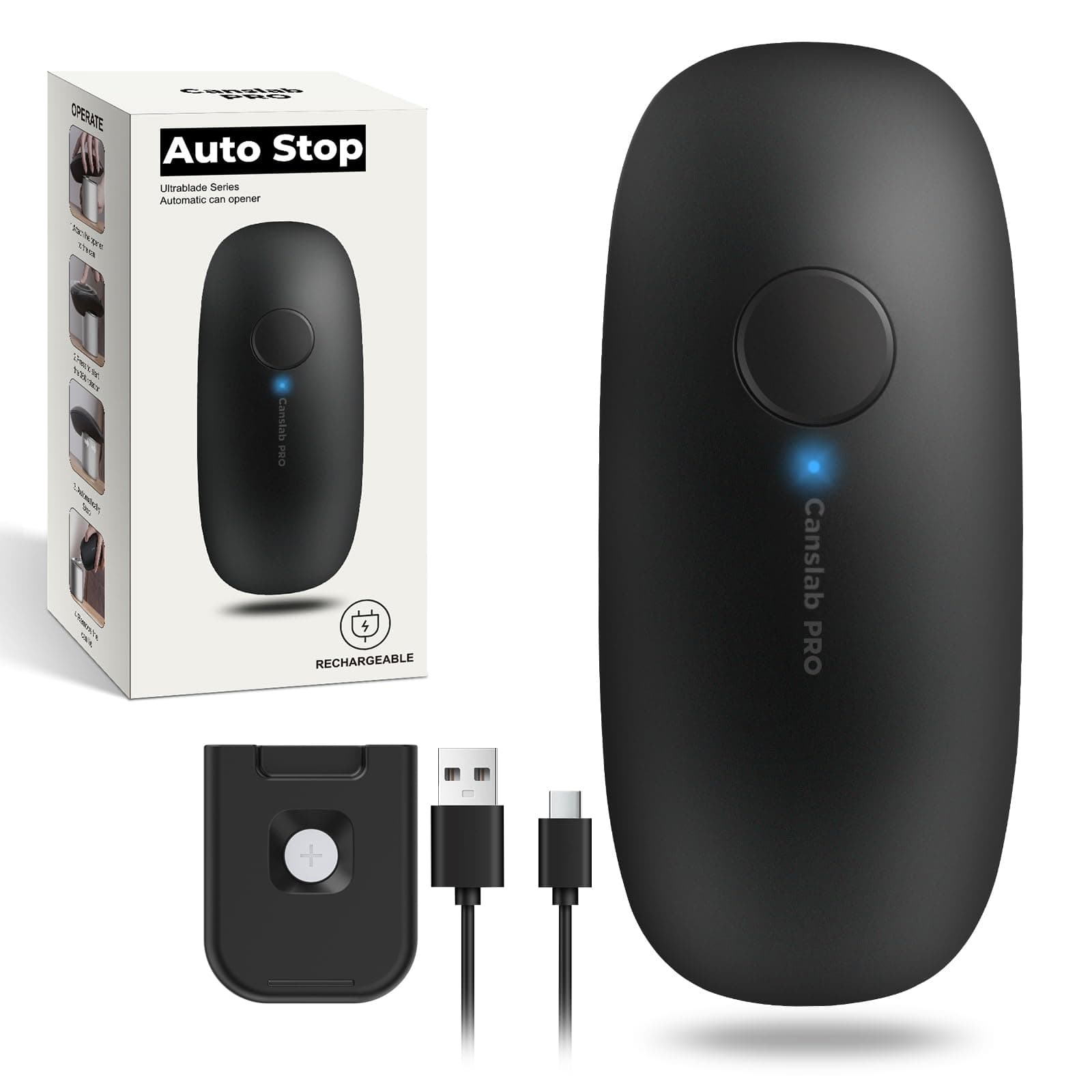 Ultrablade PRO Auto Stop Can Opener - Rechargeable Electric Can Opener for Kitchen for Seniors with Arthritis - One Touch Side Cut Opener, Smooth Edge, Handfree, Wall Mounted Small Size, Black