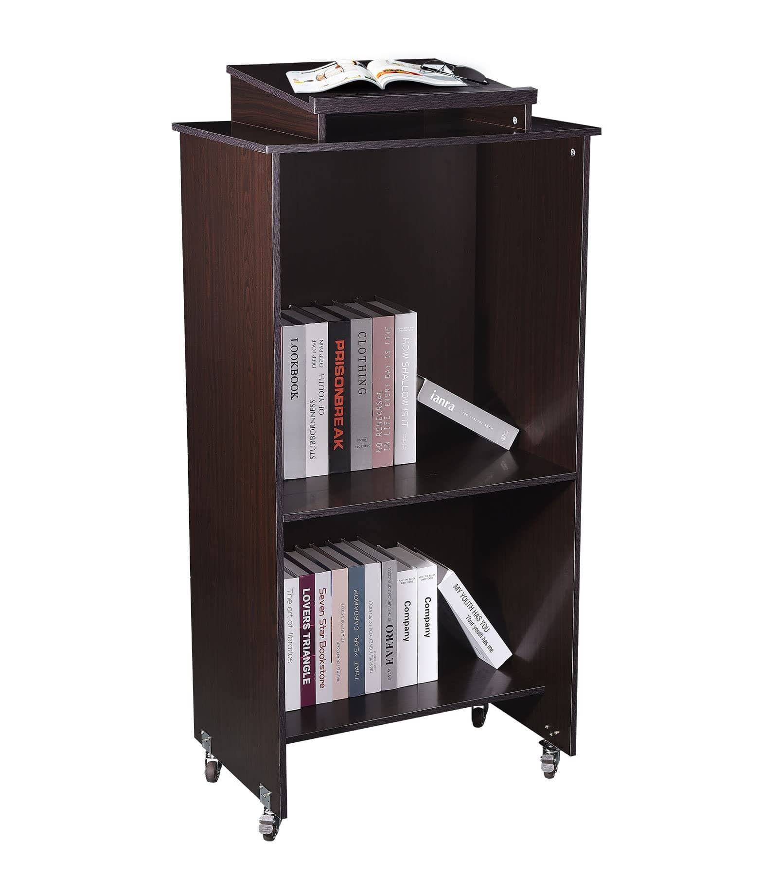 LIBOOI Podium Stand, Wooden Speaking Lectern Hostess Stand with Locking Wheels, Portable Podium Reception Desk with Top Reading Surface Pulpits for Churches Reception Desk for Conference Classroom