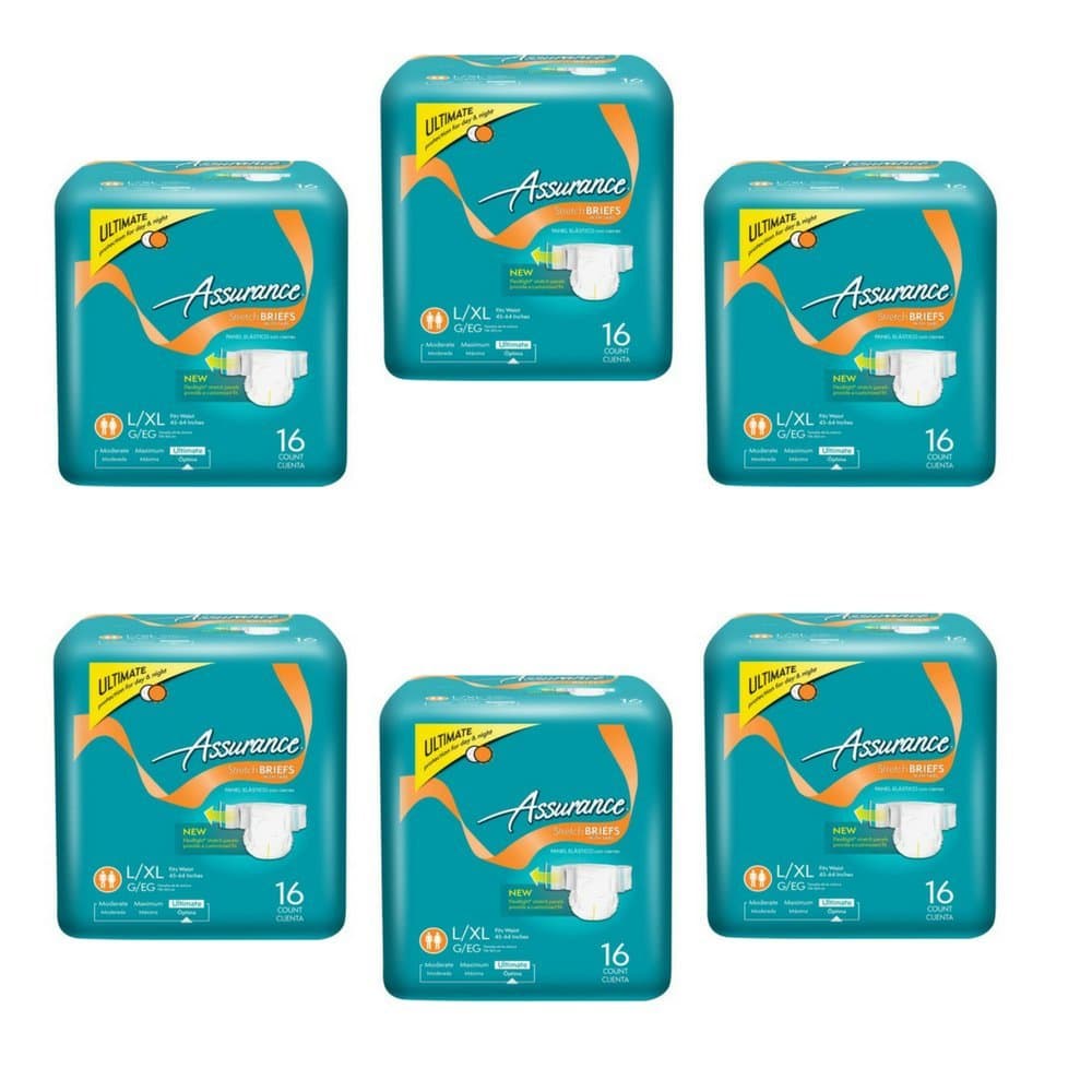 Assurance Ultimate Absorbency Stretch Briefs with Tabs, L/XL, 16 Count, Pack of 6