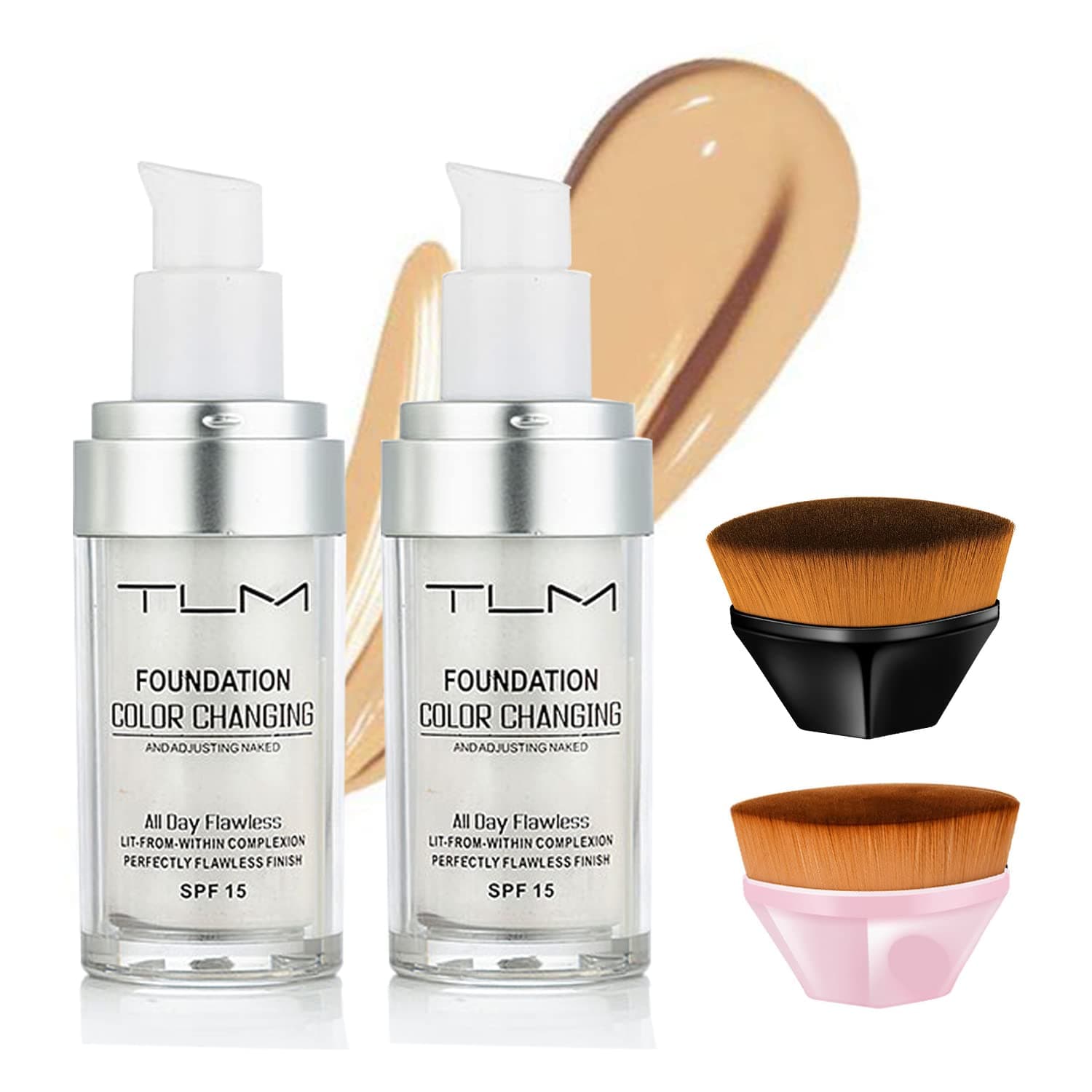 VUCATINTLM 2Pcs Color Changing Foundation Liquid with 2 Brushes- Flawless Full Coverage Natural Color Face Primer Base Makeup 30ml (2Pcs/2 Brushs)