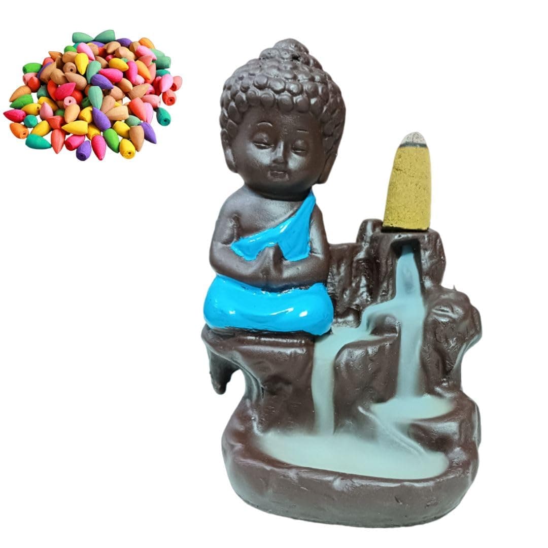 Presents Lord Buddha Backflow Smoke Fountain Backflow Incense Holder Burner Waterfall Smoke Fountain for Home Decor & Puja with 30 Backflow Cones/Dhoop
