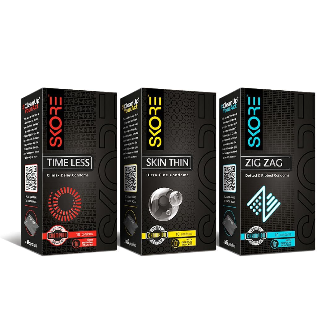 Skore Skin Thin, Timeless and Zig Zag Condoms - 3 Packs (10 pieces per pack)
