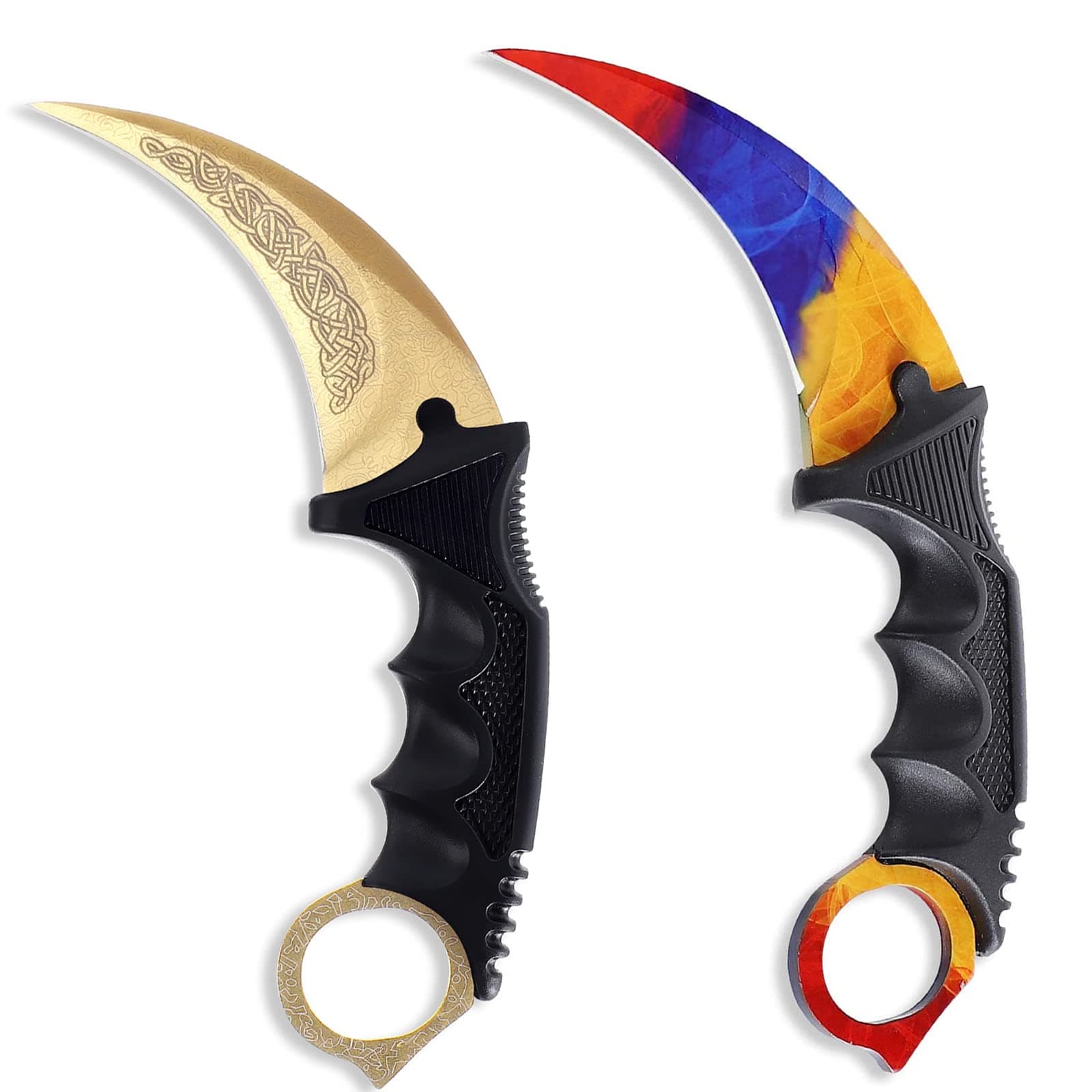 Karambit Knife Fixed Blade Tactical Camping Tool, 2 Pieces Stainless Steel Outdoor Hunting Knife with Sheath and Cord, Suitable for Hiking, Adventure, Survival and Collection (Gold&Gradient Color)