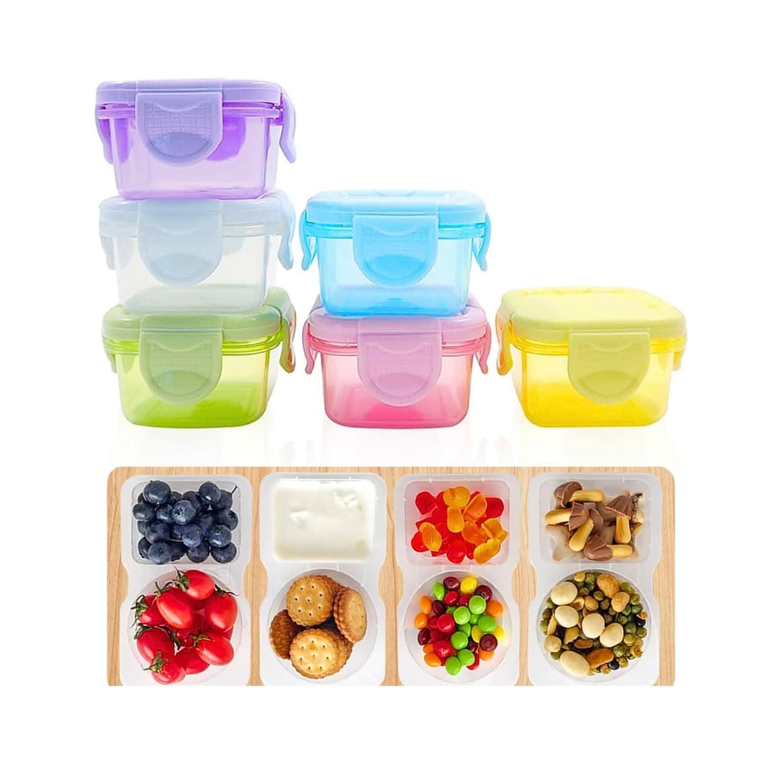 – VIO® 6 PCS Plastic Reusable Mini Food Storage Containers with Lids Small Box for Nuts Seeds Dry Fruit Snacks Pickle Dips Salad Dressing Yogurt Food Purees for Kids Adult School Office 60 ML