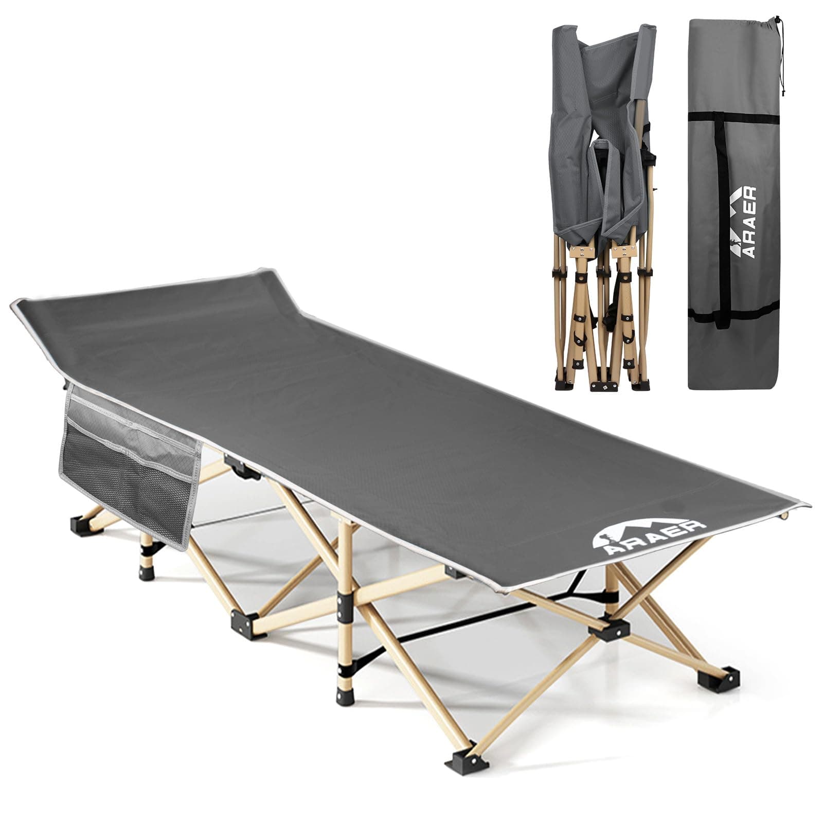 ARAER Camping Cot, 450LBS(Max Load), Portable Folding Outdoor Bed with Carry Bag for Adults Kids, Heavy Duty Cot for Traveling Gear Supplier, Office Nap, Beach Vocation and Home Lounging (Grey)