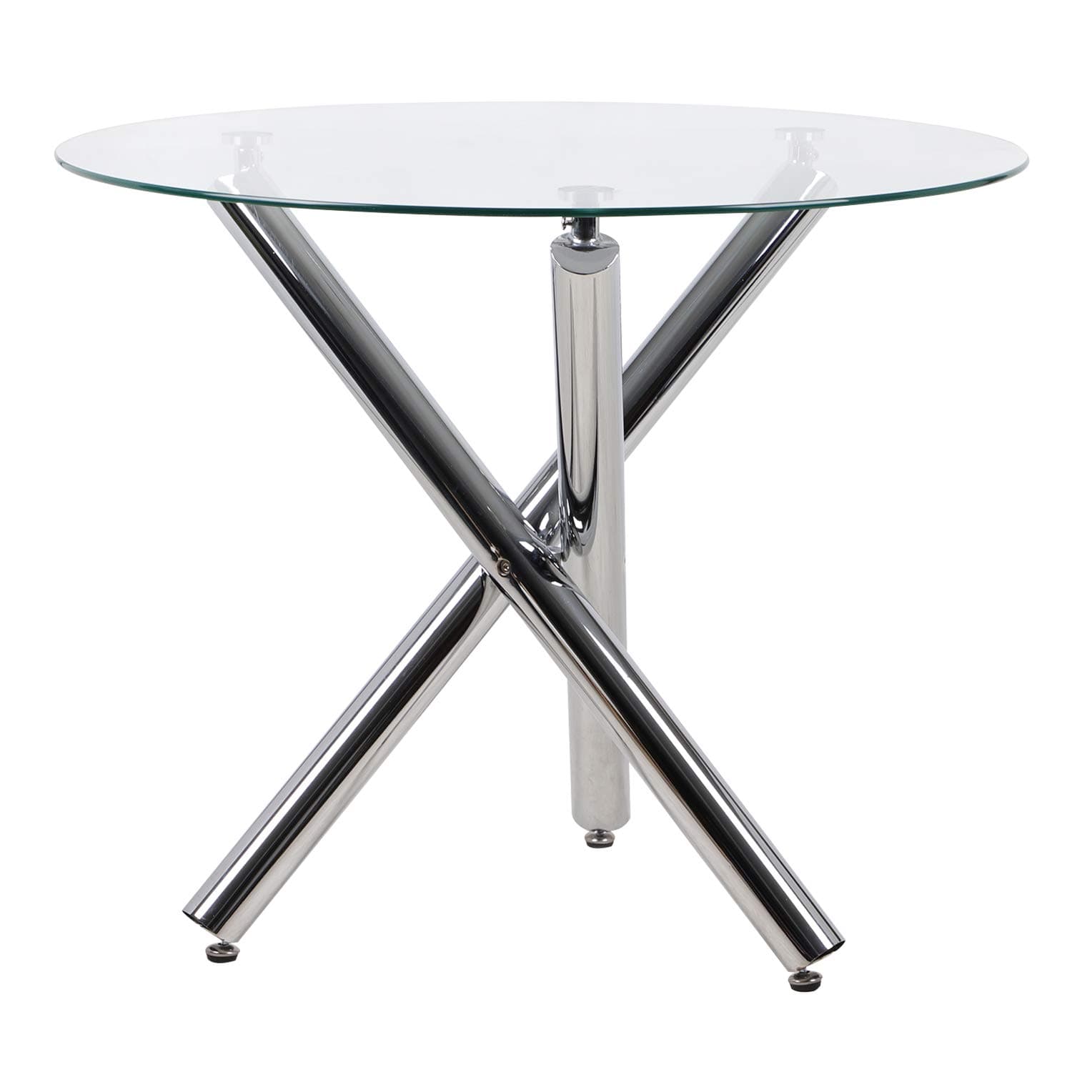 BELIWIN Dining Table Glass Round Transparent with 3 Chrome Cross Metal Legs for Kitchen Dining Room Furniture,90 x 75 cm