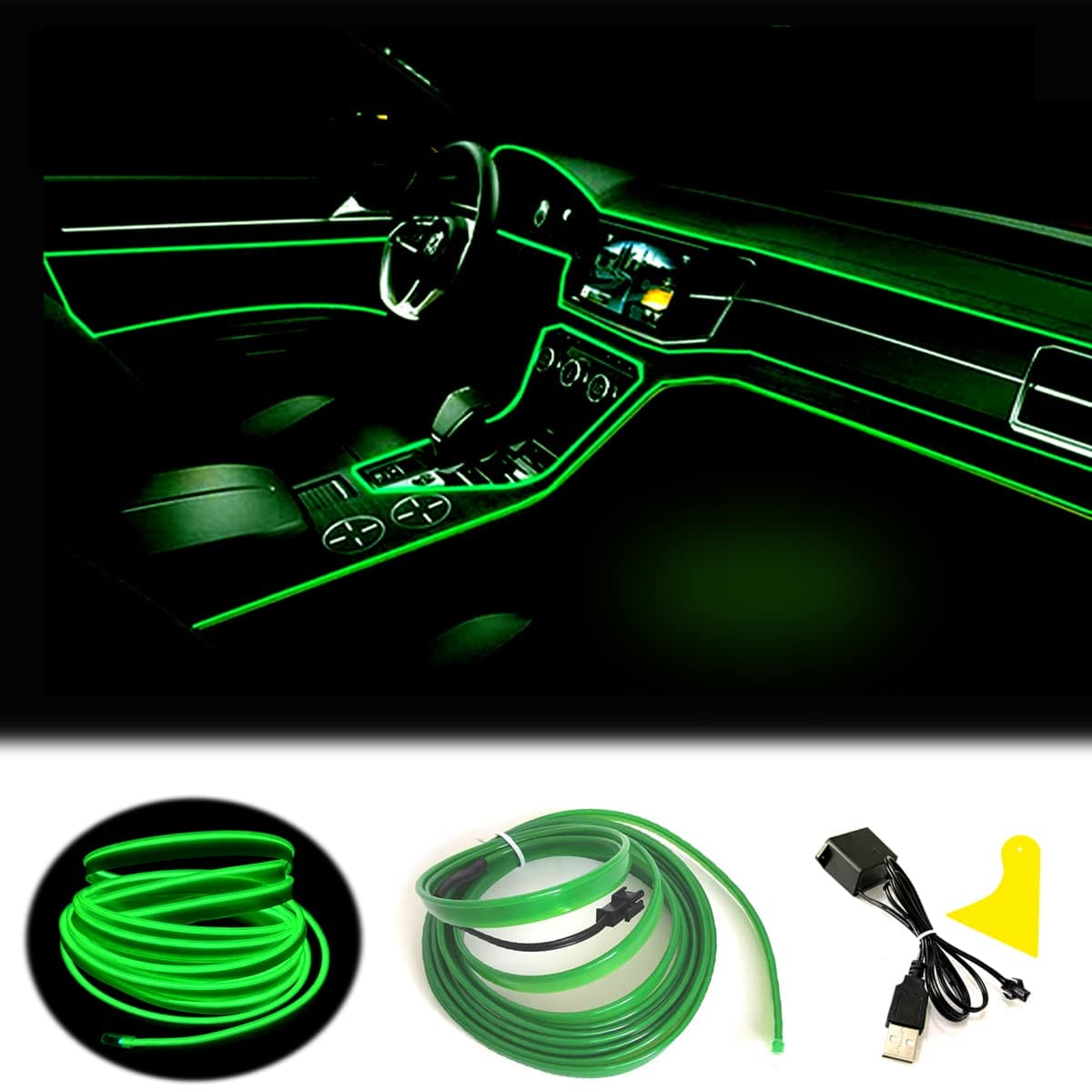El Wire Green Interior Car LED Strip Lights, 10M Neon Wire USB 5V with Fuse Protection for Automotive Car Interior Decoration with 6mm Sewing Edge