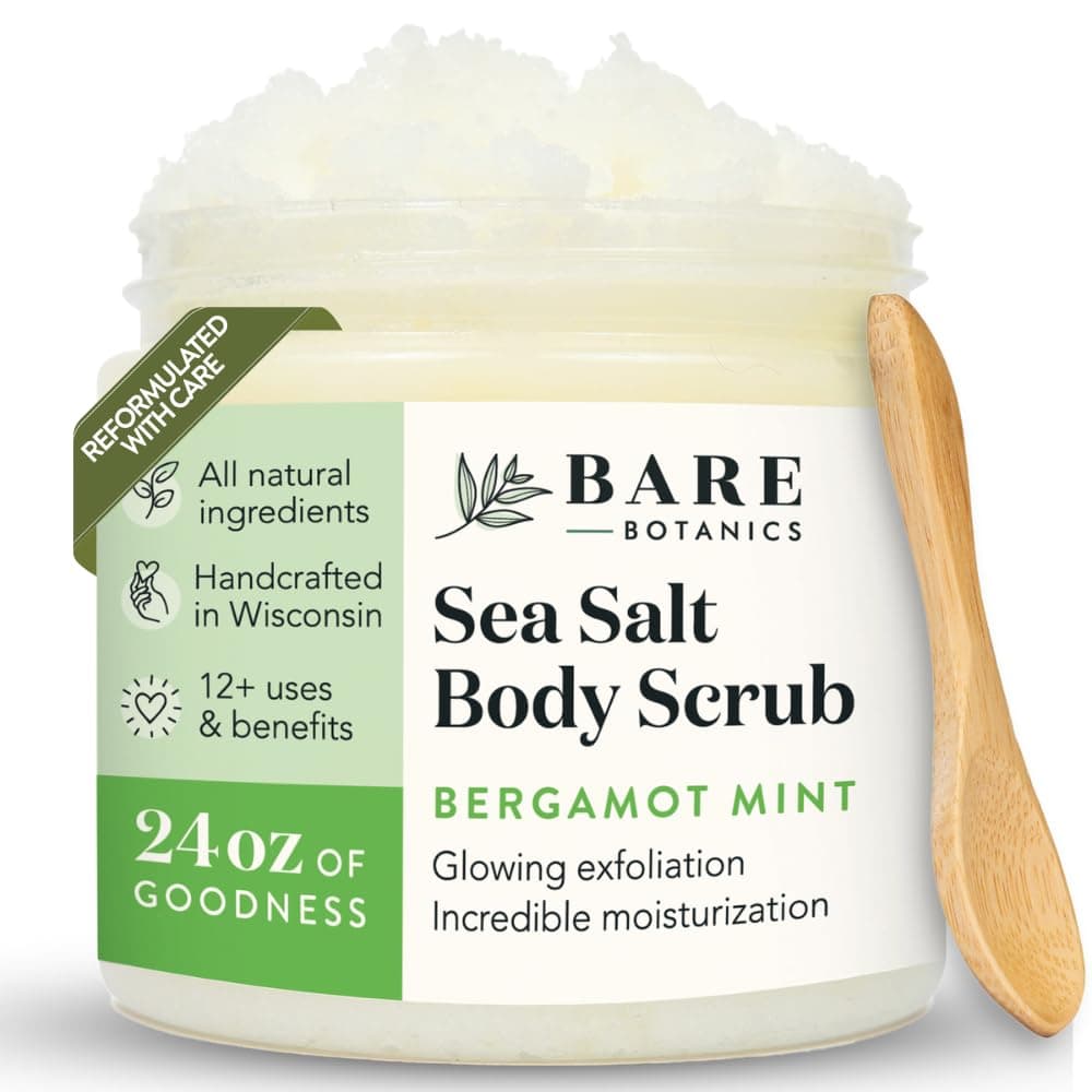 - Bergamot Mint Body Scrub 24oz | Made in Madison, WI | All Natural Sea Salt Exfoliator w/ Skin Loving Moisturizers | Vegan & Cruelty Free | Gift Ready Packaging w/ a Cute Wooden Spoon