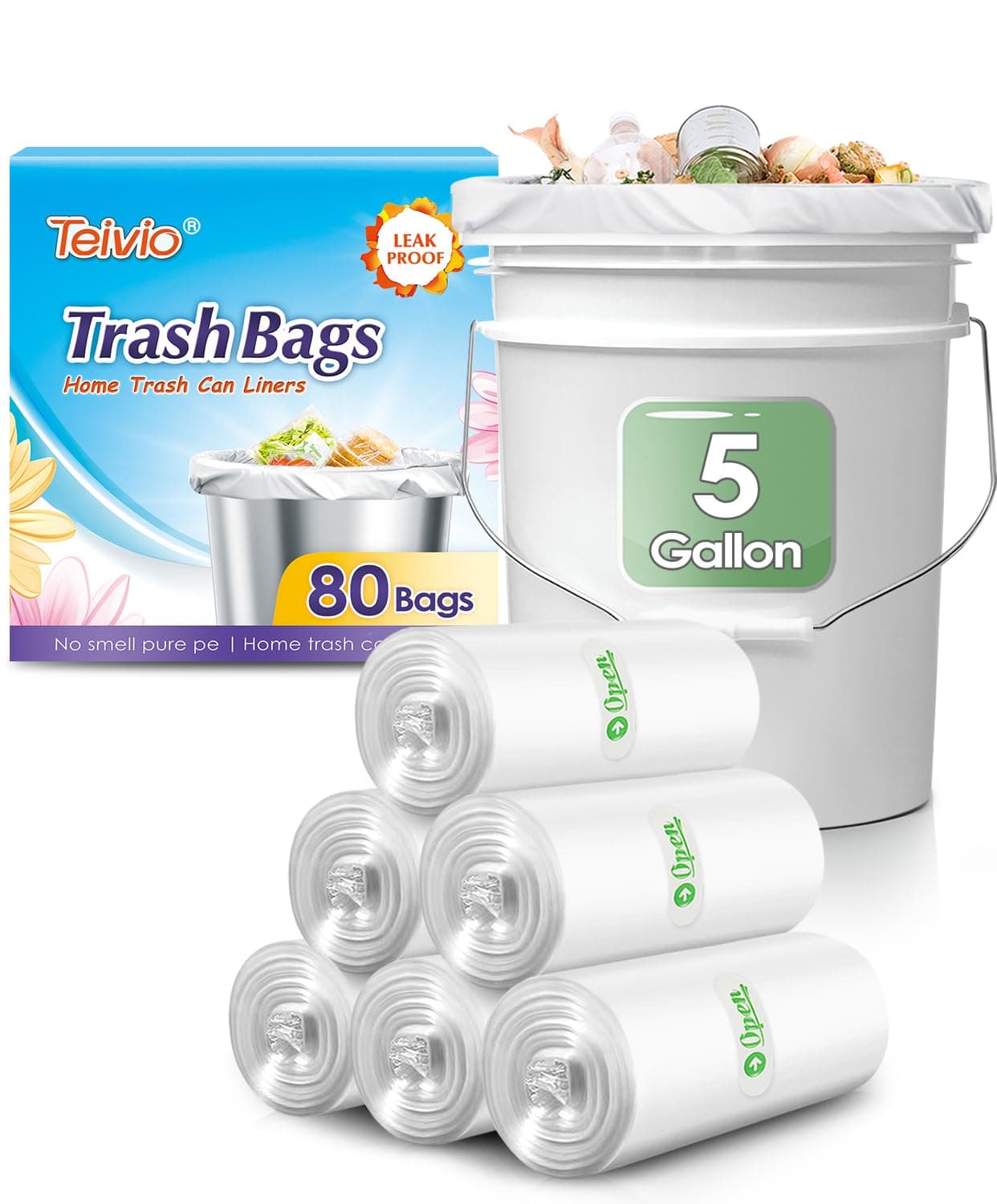 5 Gallon 80 Counts Medium Trash Bags Garbage Bags by Teivio, Bathroom Trash Can Bin Liners, Plastic Bags for home office kitchen, Clear