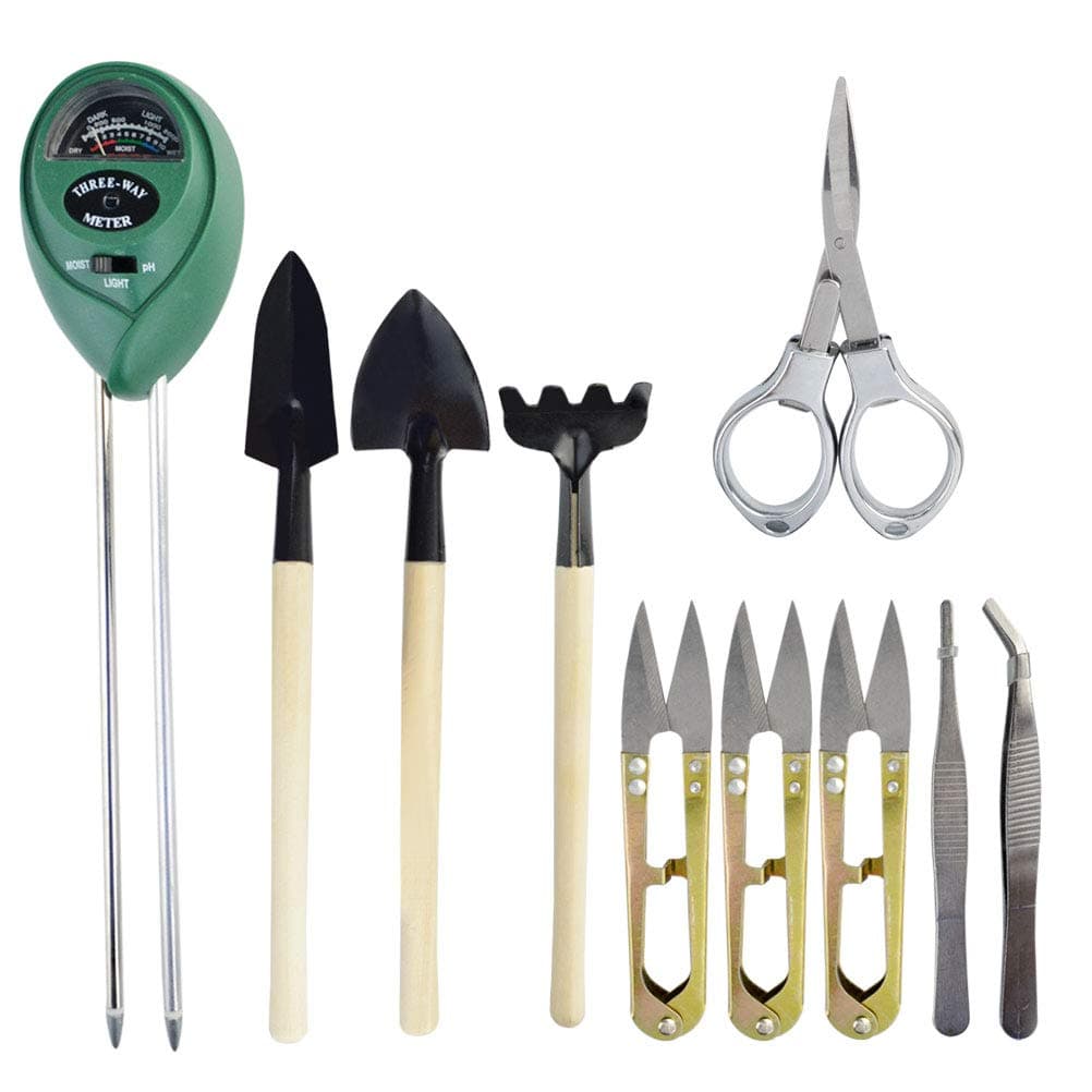 Soil Meter 3 in 1, Moisture Sensor/Sunlight/pH Soil Meter for Bonsai, Leaf Trimmer, Folding Scissor, Rake with Spatula, Long Spade, Wide Spade, Stainless Steel Tweezers, 10Pcs Bonsai Tool Set
