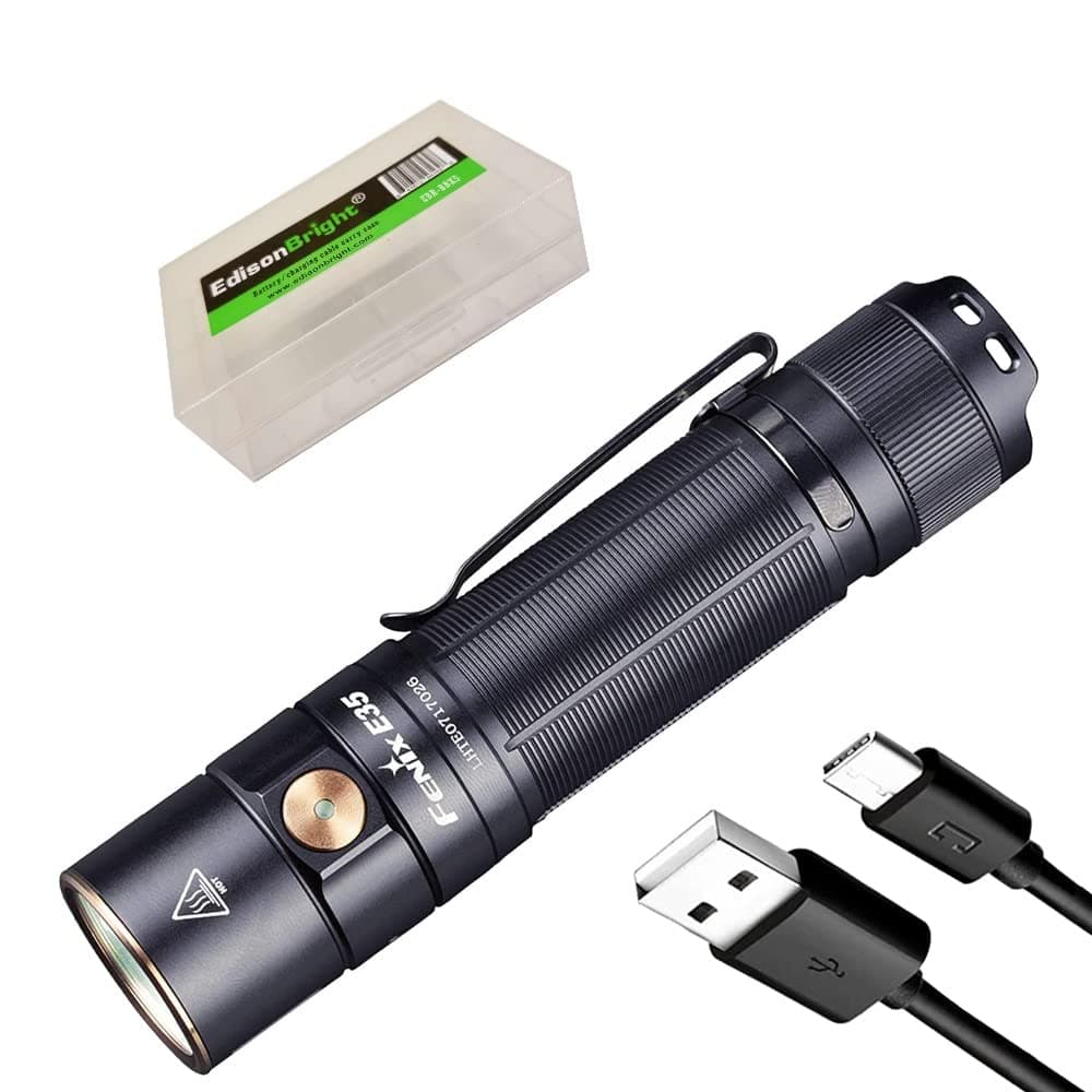 Fenix E35 V3.0 3000 Lumen USB C Rechargeable LED Flashlight with 5000mAh Battery and EdisonBright Battery Carrying case Bundle