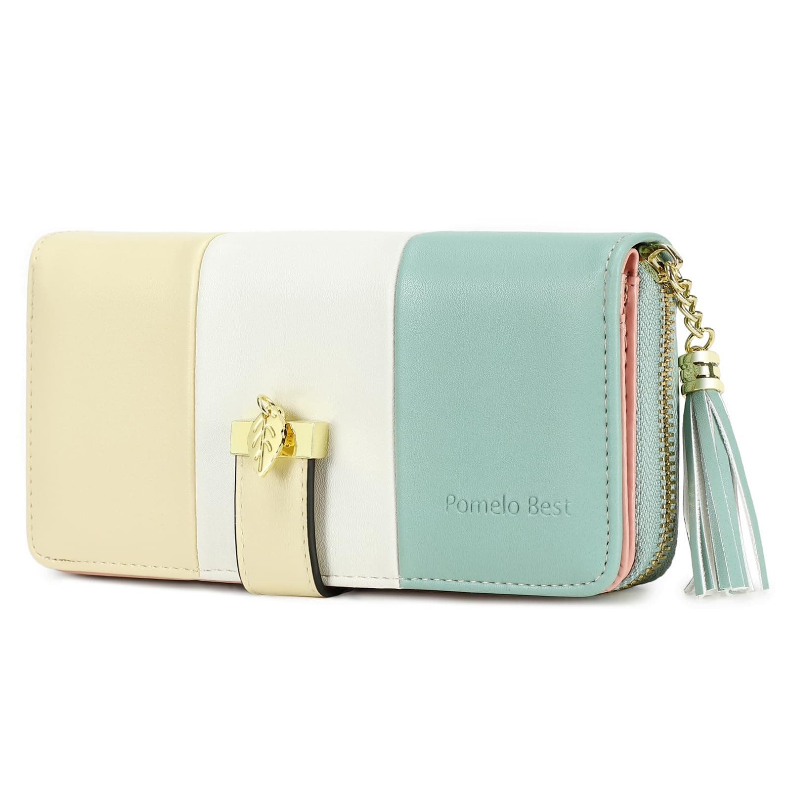 RFID Wallets for Women with Multiple Card Slots and Cellphone Compartment, Womens Wallet (cream yellow/white/green sand)