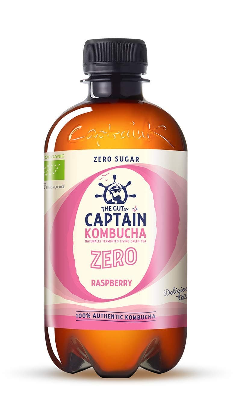 Captain Kombucha ZERO - Zero Sugar Zero Calorie Kombucha Tea - Natural Fermented Probiotic Drink, Raw Living Food, No Preservatives, No Artificial Colors or Flavors, non Pasteurized, Raw and Vegan - 12 x 13,5oz (Raspberry)