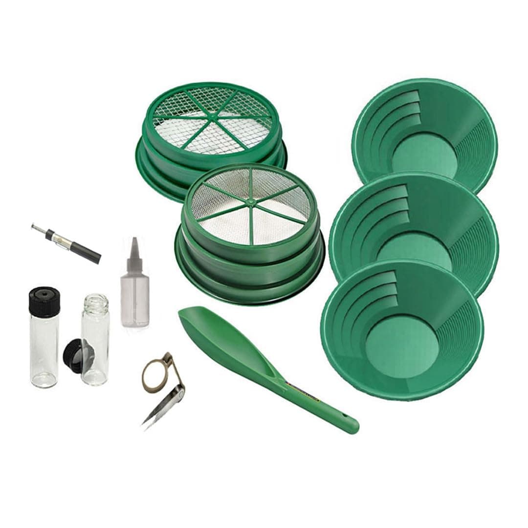 SE 11-Piece Gold Panning Kit - Complete Prospecting Set with Pans, Sieves, Tweezers, Glass Bottles, Sand Magnet, and More - Ideal for Beginners and Enthusiasts - GP5-KIT111