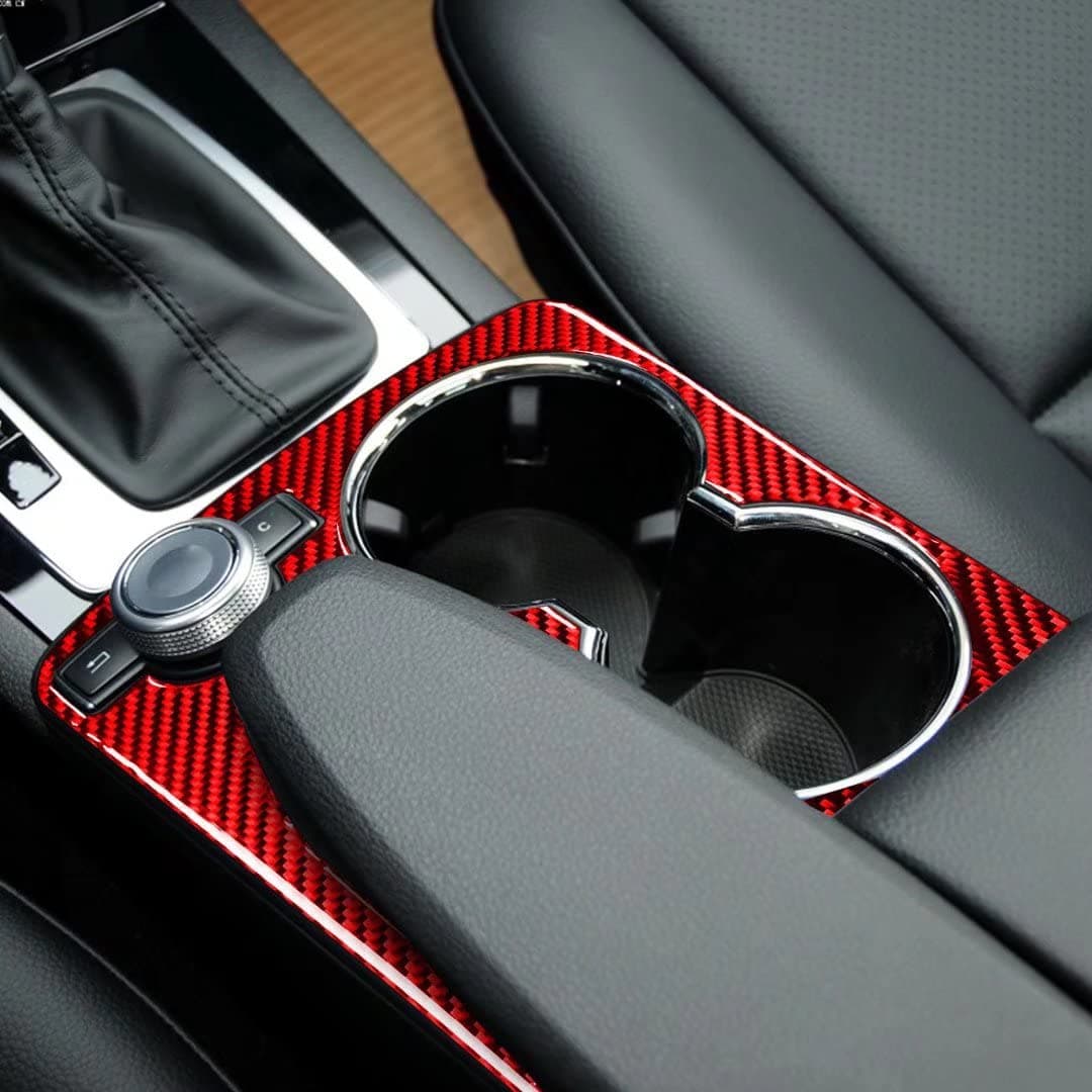 Red Carbon Fiber Central Console Armrest Water Cup Holder Frame Cover Trim for Mercedes-Benz C-Class W204 C180 C200 C250 Coupe Sport C300 C63 AMG 2007-2014 Car Accessories