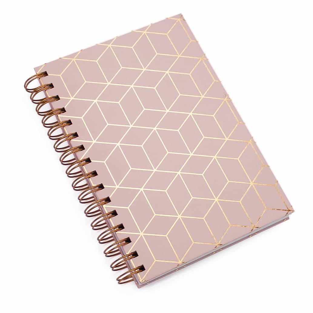 Fashion Stationery A5 Wirobound Notebooks Hardback Lined Note book Notepad Writing Journal in a Grey or Pink Metallic Gold Geometric (Pink)