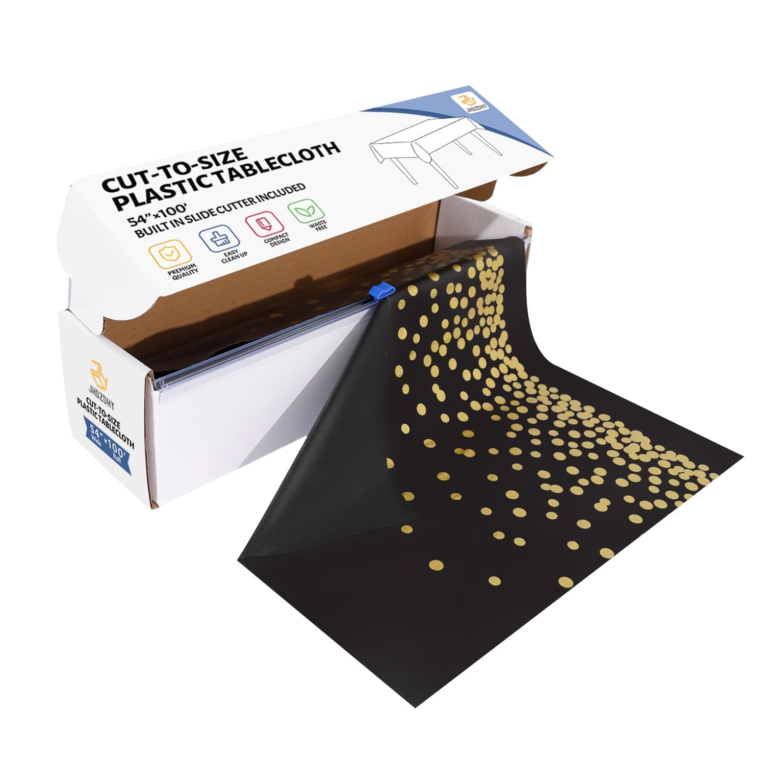 54 Inch X 100 Feet Plastic Table Cover Roll Disposable Tablecloth with Slide Cutter for All Type/Shape Tables | Picnic, Party, Banquet, Birthdays, Weddings (Black & Gold Dot)
