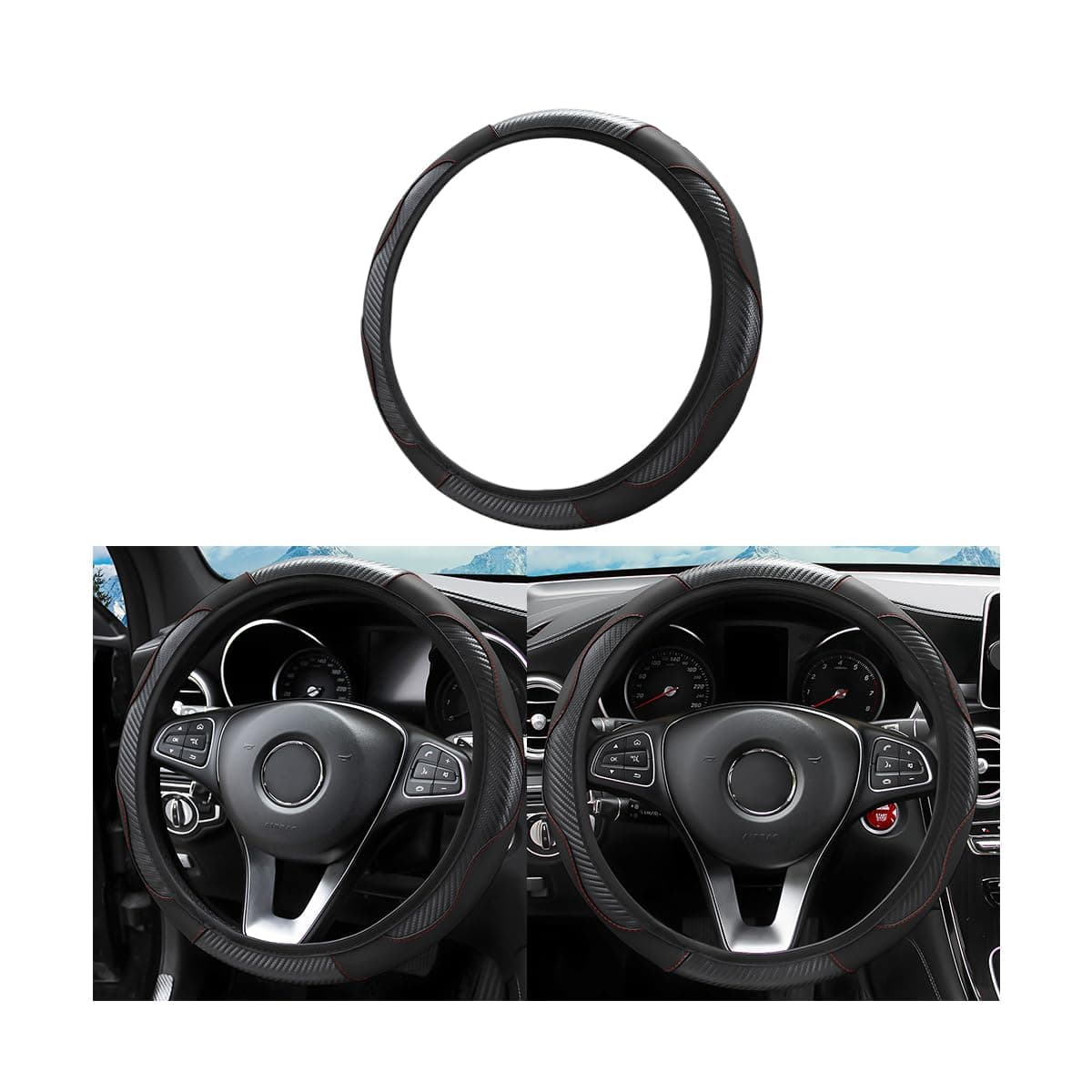 Car Steering Wheel Cover, Universal Microfiber PU Leather Elastic 15 inch Stitching Color Anti-Slip Steering Wheel Protector, Car Interior Protection Accessories for Men Women (Black)