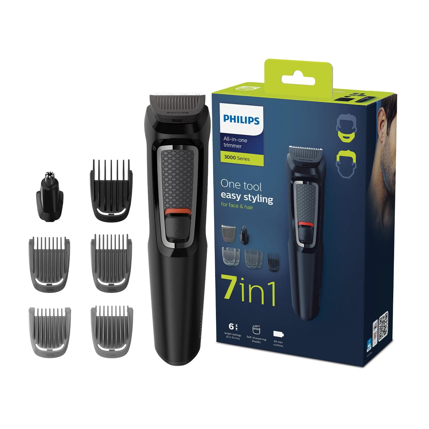 Philips Multigroom 3000 MG3720/33 | 7-in-1 All-in-One Trimmer for Face & Hair | Maintenance-Free Blades, Nose & Ear Trimmer | 60min Cordless Use, Includes Nose & Ear Trimmer, Hair & Beard Combs