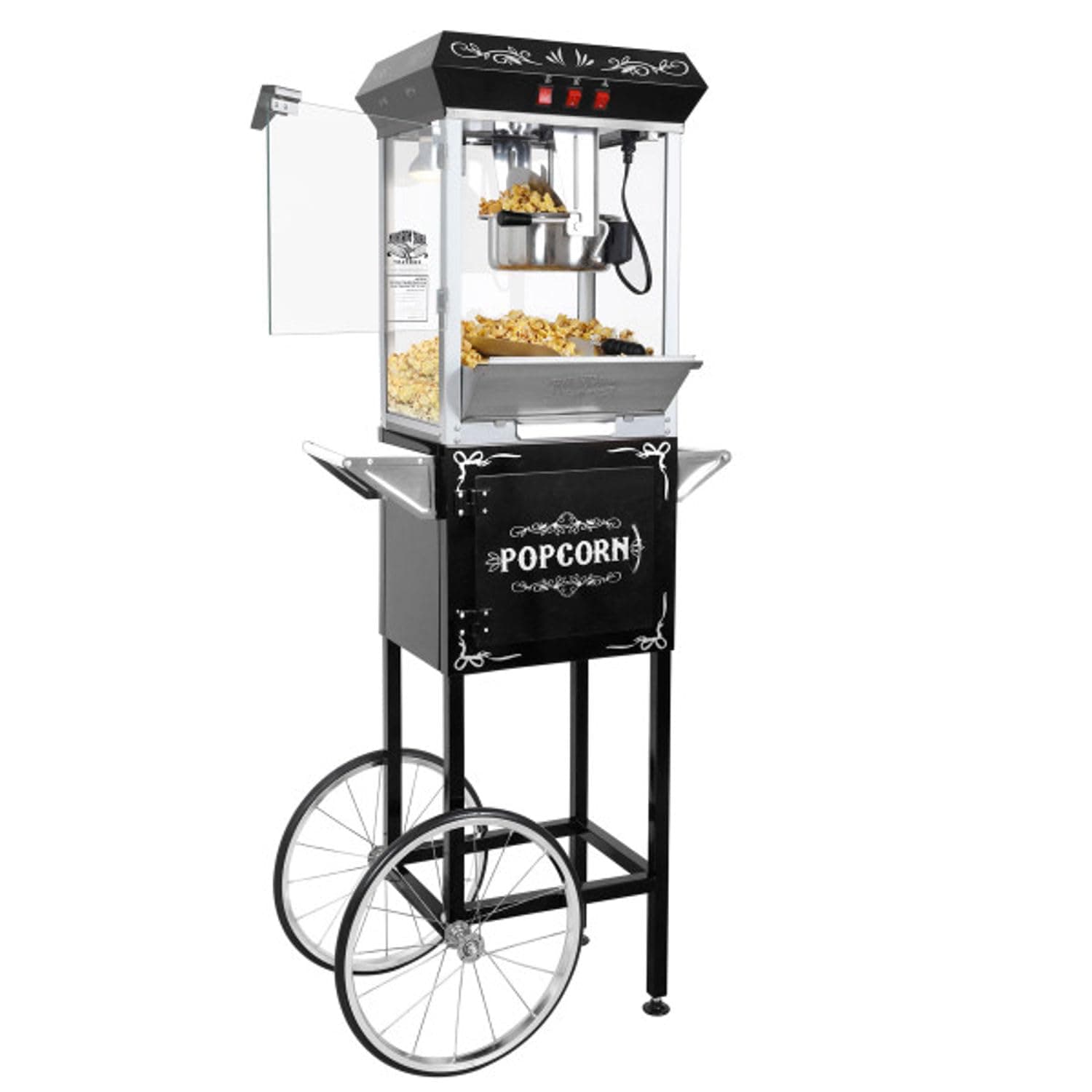 Foundation Popcorn Maker Machine with Cart - 8oz Stainless Steel Kettle Makes up to 48 Cups - Movie Theater Style Vintage Popcorn Machine Cart on Wheels by Great Northern Popcorn (Black)