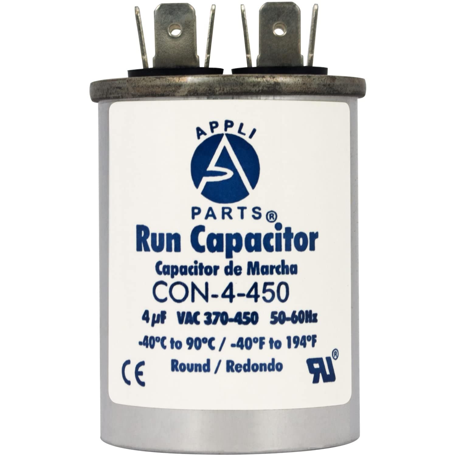 AP APPLI PARTS Run Capacitor for ac 4 Mfd uF (microfarads) 370 VAC or 450 VAC CBB65 Round Universal fit for hvac and other applications 2-1/2 in High 1-1/2 in Wide CON-4-450