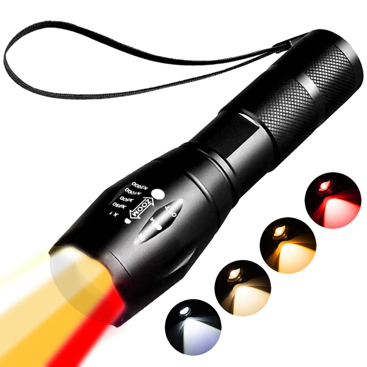 – Red Light Tactical Flashlight - Rechargeable, 1800K Warm Light for Eye Care, 4 in 1 Light: White, Yellow, Amber, Red - Night Observation