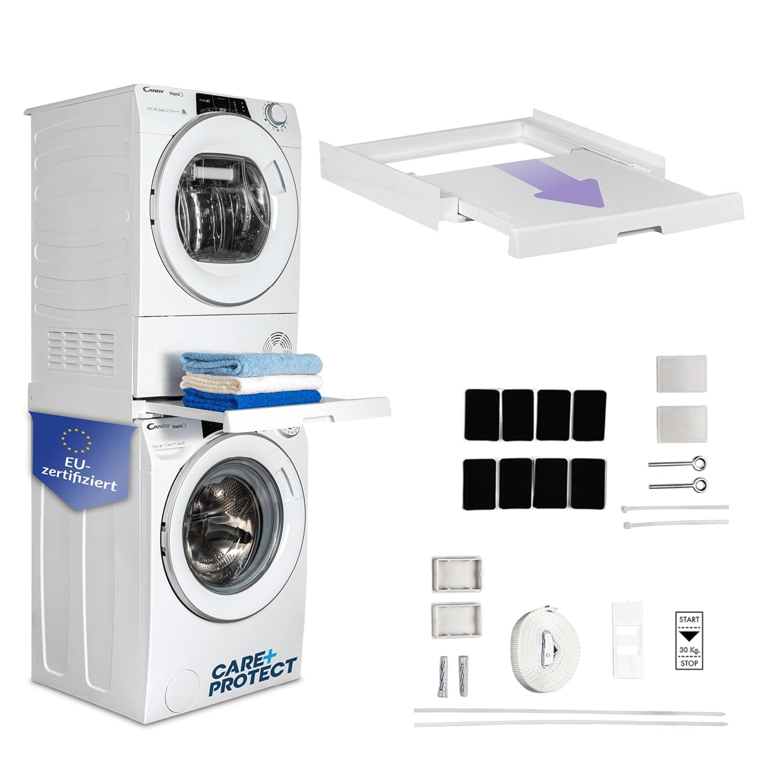 Care+Protect Univeral Stacking Kit with Sliding Shelf for Washing Machines and Dryers - Suitable for Washing Machines with Depth 47-62cm - Squared Control Panel Front - Dryer with Depth 58cm