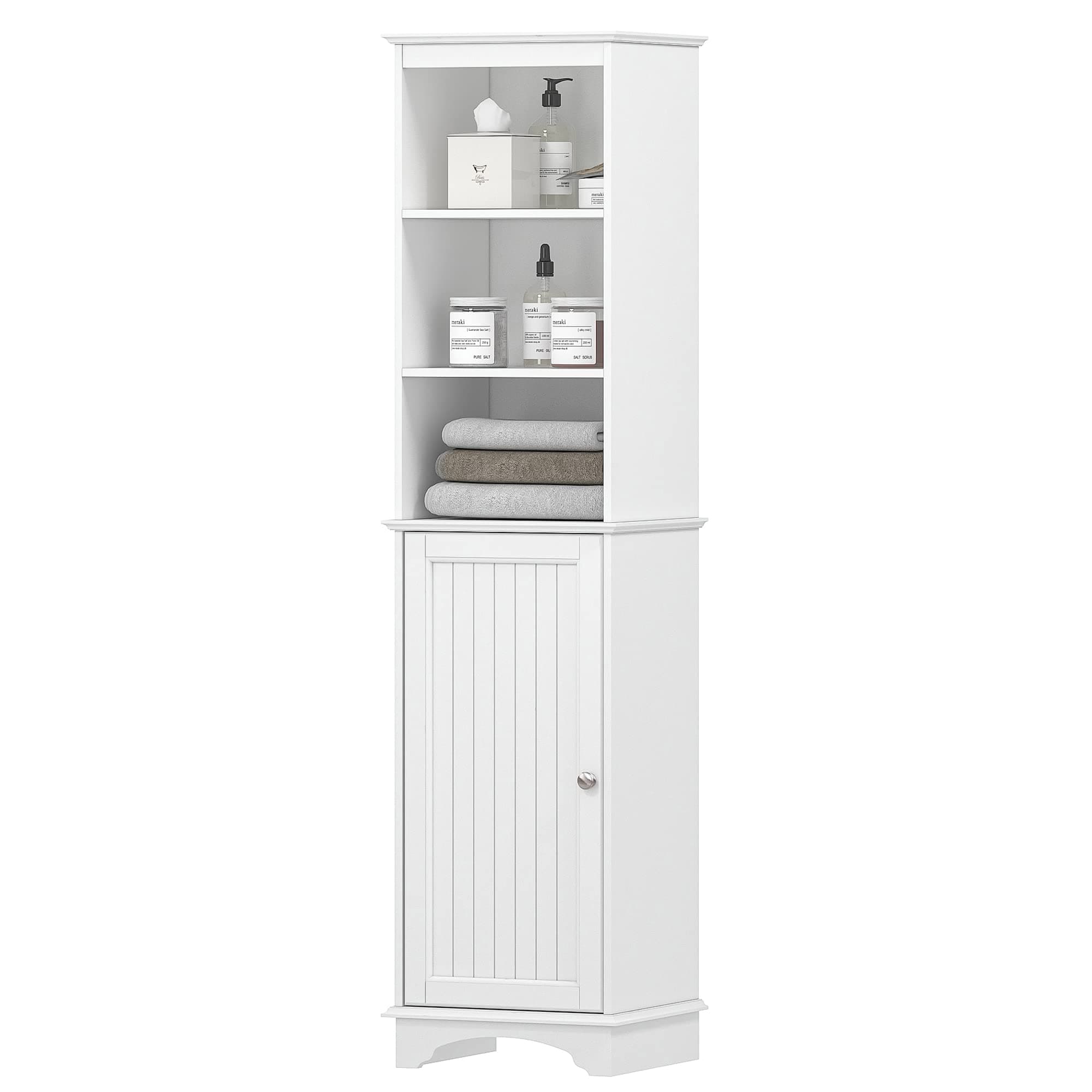 Spirich Home Freestanding Storage Cabinet with Three Tier Shelves, Tall Slim Cabinet, Free Standing Linen Tower, White