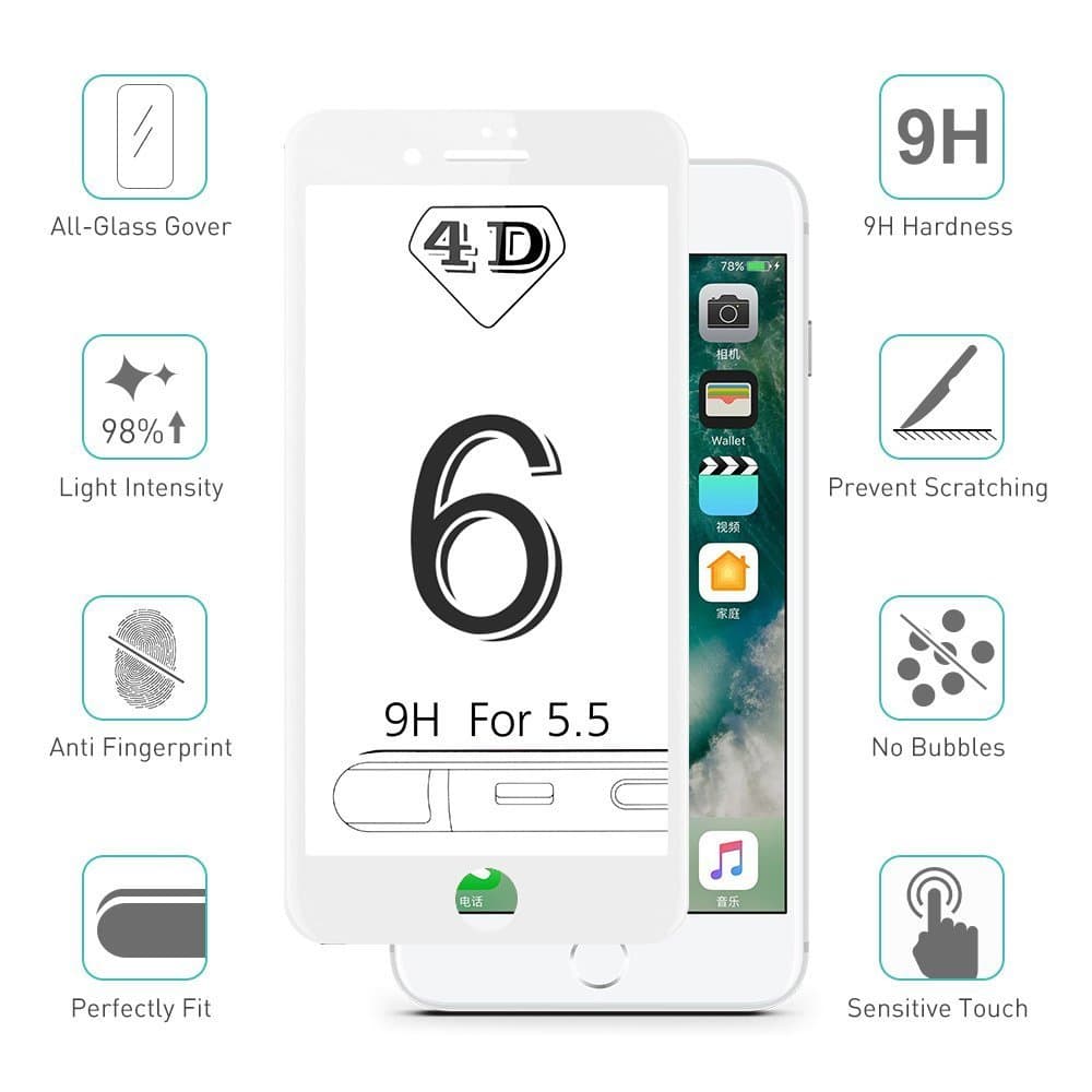 iPhone 6 6S Plus Screen Protector Tempered Glass Film 4D Edge To Edge Full Coverage Curve Protection Protectors by RICKI (iPhone 6 / 6S Plus White)