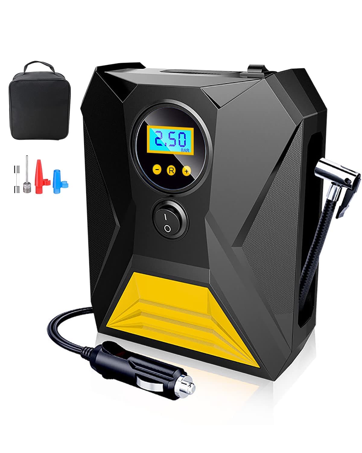 E-SMARTERCar Tyre Inflator Air Compressor, Protable Car Tyre Pump 12V/ 120W/ 150 PSI/ 10.5 Bar, Digital Tyre Inflator with 3 Nozzle Adaptors, LED Light, Suitable for Car, Bicycle, Motorcycle, Ball