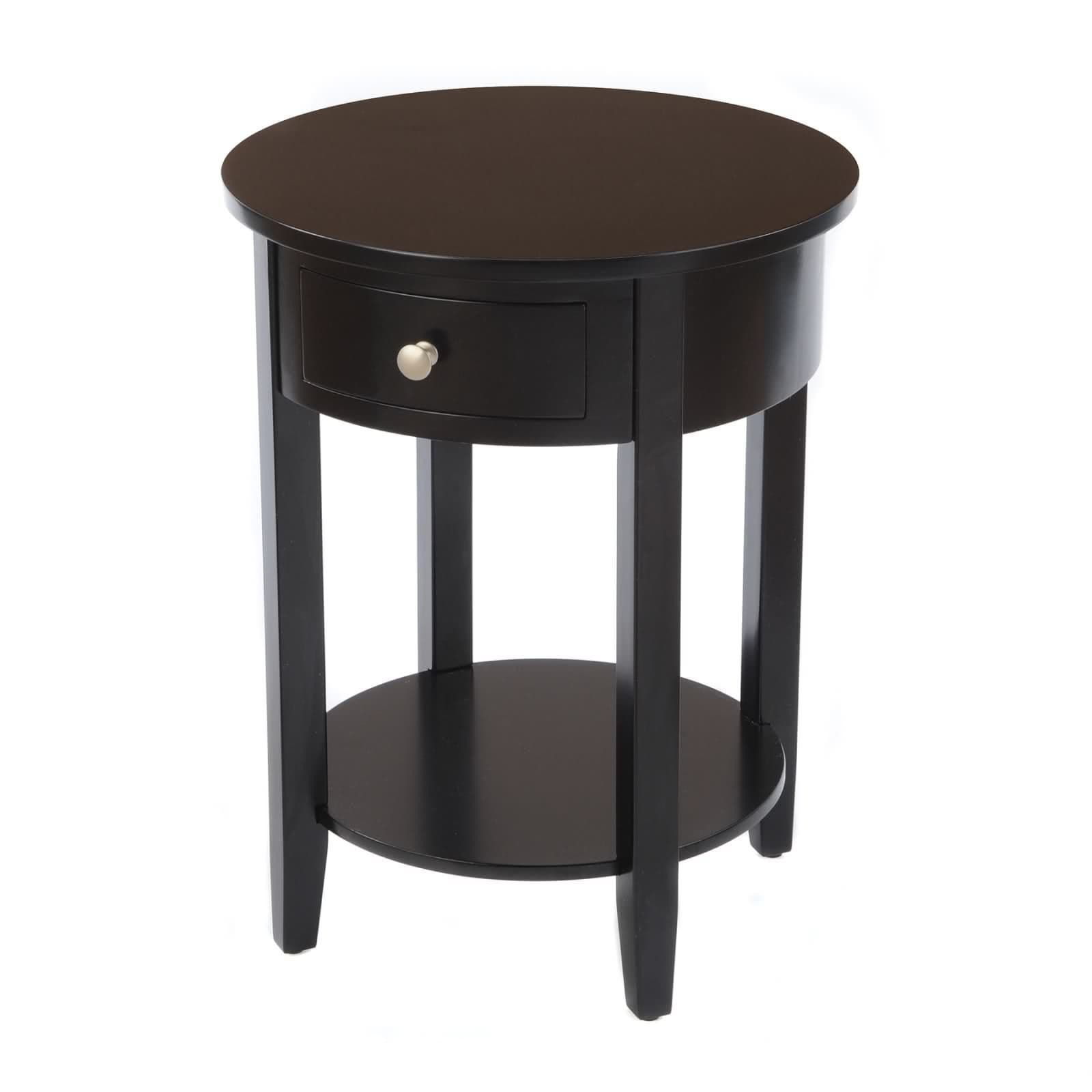 Round Side Table with Wood Top and Drawer, Black