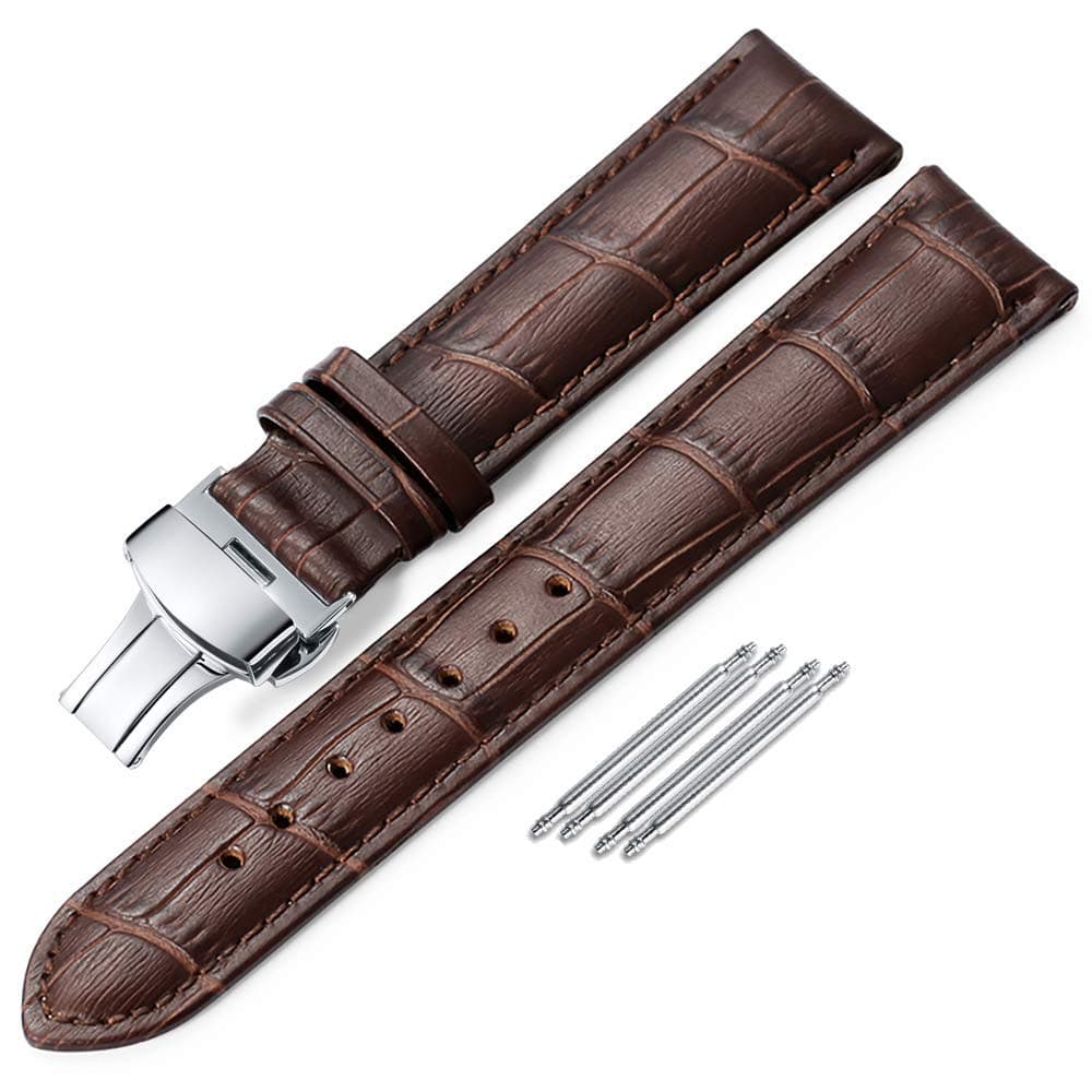Leather Watch Strap Replacement Alligator Grain Calf Leather Band Deployment Buckle with Push Buttons for Men Women 18mm 19mm 20mm 21mm 22mm 24mm