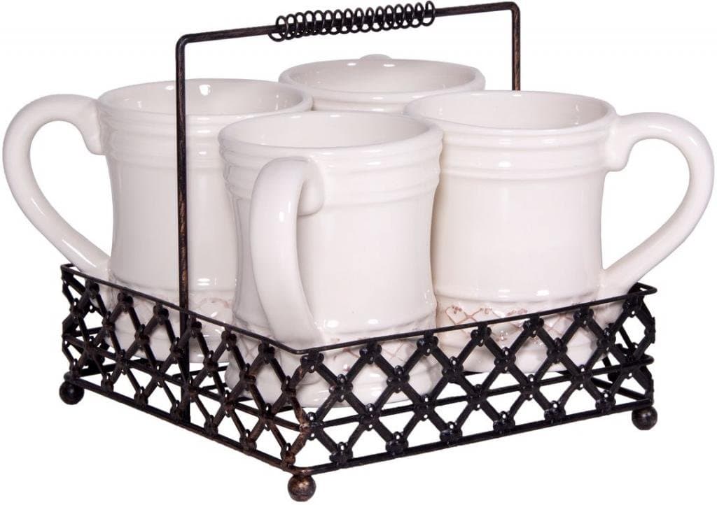 Durable Set of 4 Ceramic Coffee Mugs in Pressed Metal Base, 4-piece Coffee & Tea Cups Set