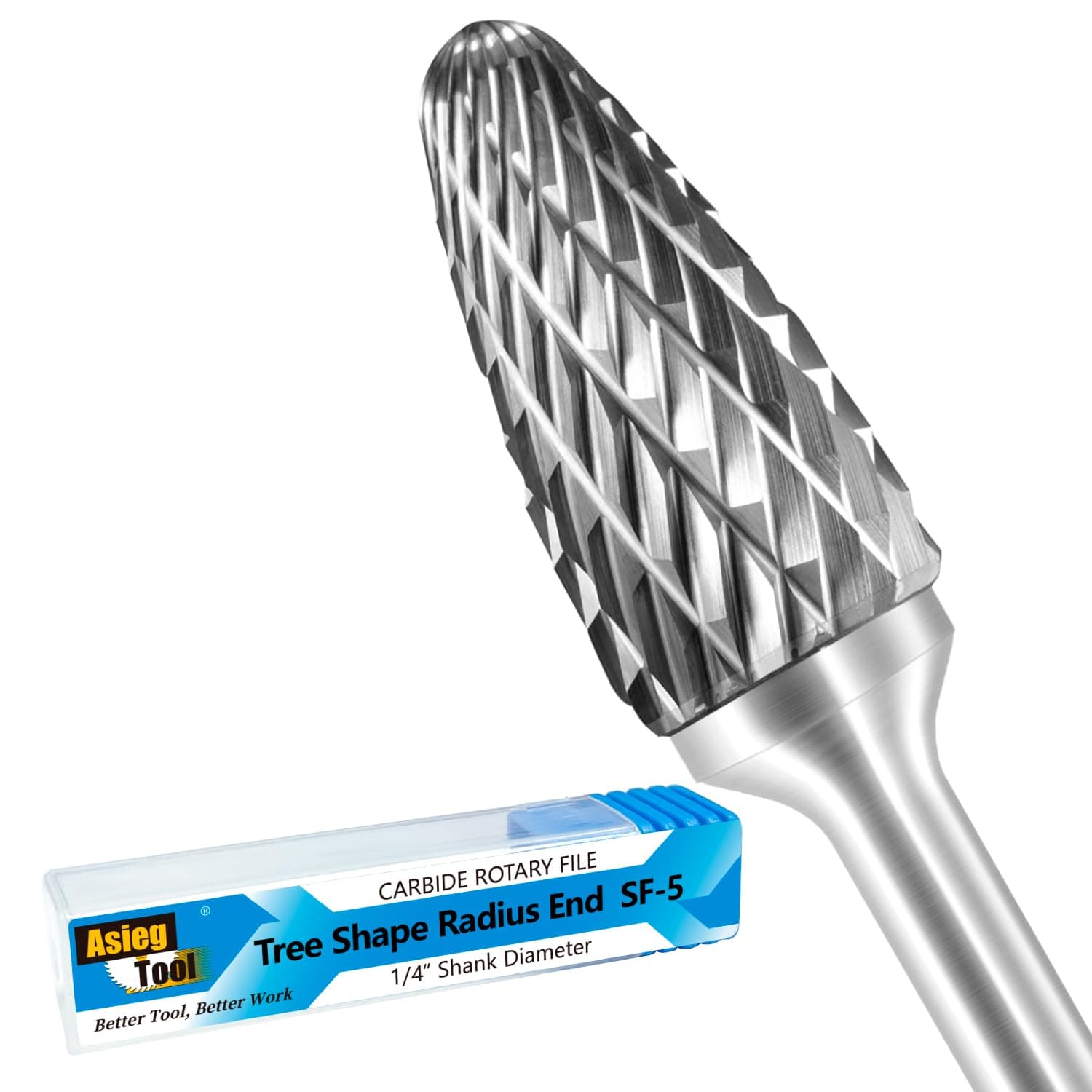 SF-5 Tungsten Carbide Burr Rotary File Tree Shape Radius End Shape Double Cut for Die Grinder Drill Bits 1/4'' Inch Diameter of Shank and 1/2'' Inch Diameter of Cutter 1'' Inch Cutter Length