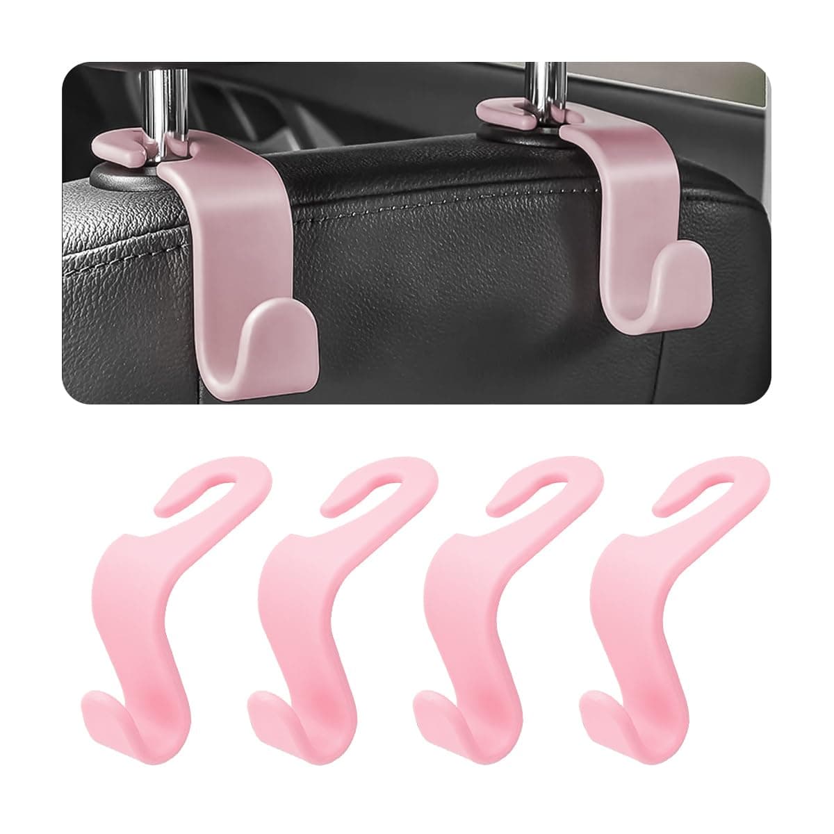 4PCS Car Back Seat Headrest Hooks, Rear Car Seat Storage Headrest Hanger Holder Hooks Organizer, Universal Auto Interior Accessories for Bag Purse Handbag Cloth Coats Grocery (Light Pink)