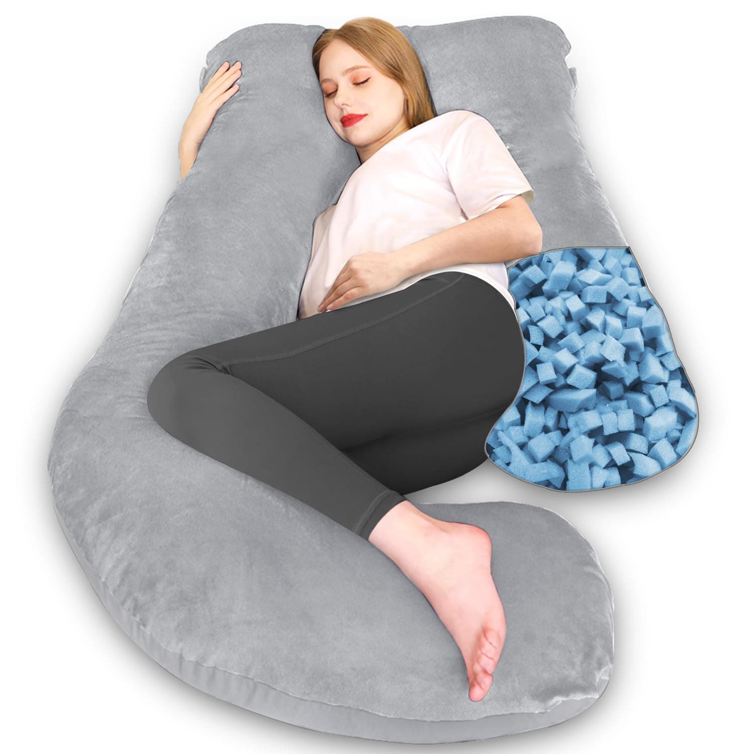 Chilling Home Memory Foam Pregnancy Pillow, J Shape Pregnancy Pillows for Sleeping, Body Pillow for Adults, Maternity Pillow for Pregnant Women, with Velvet Removable Cover, Light Grey