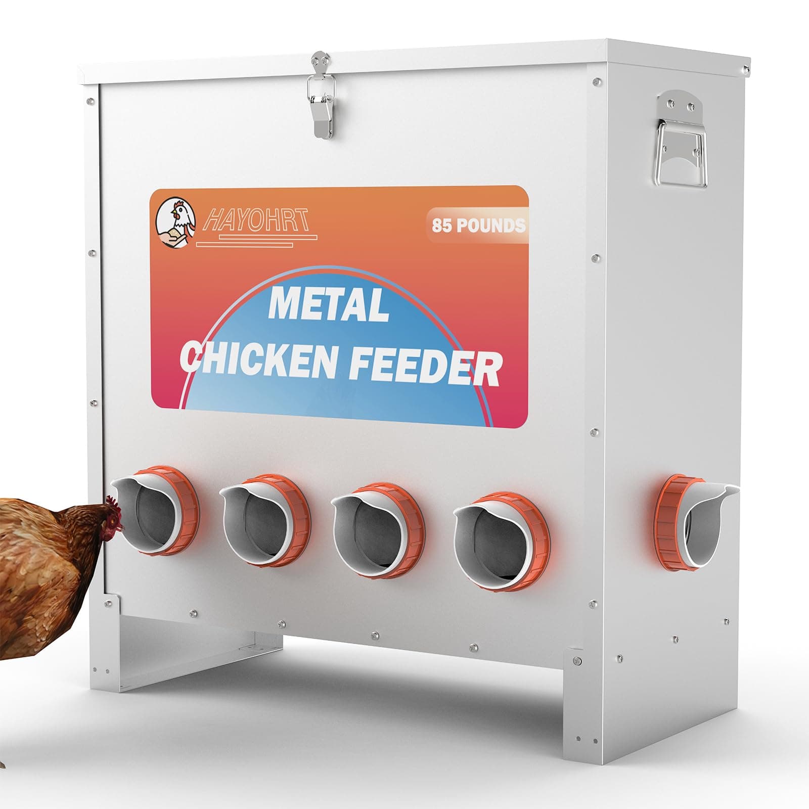 85-120LBS Capacity Chicken Feeder No Waste 10-Ports Automatic Large Poultry Feeder with Latch & Handle for Chickens Bantams Pheasants Poultry Coop Weatherproof