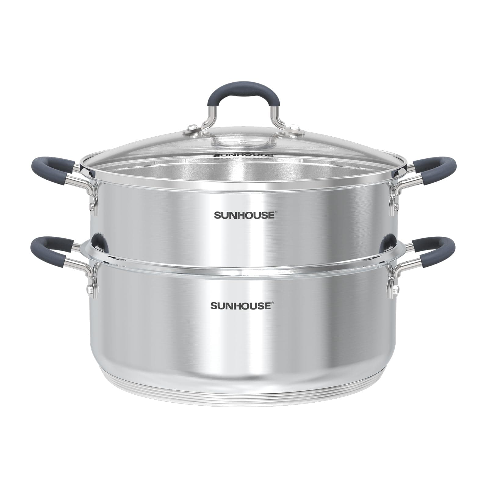 SUNHOUSE - 5.5 Quart Steamer Pots With Lid 2-Tier Multipurpose Stainless Steel Steaming Pot Cookware With Handle For Vegetable, Dumpling, Sauce, Food - Triple Bottom, Measurement Line