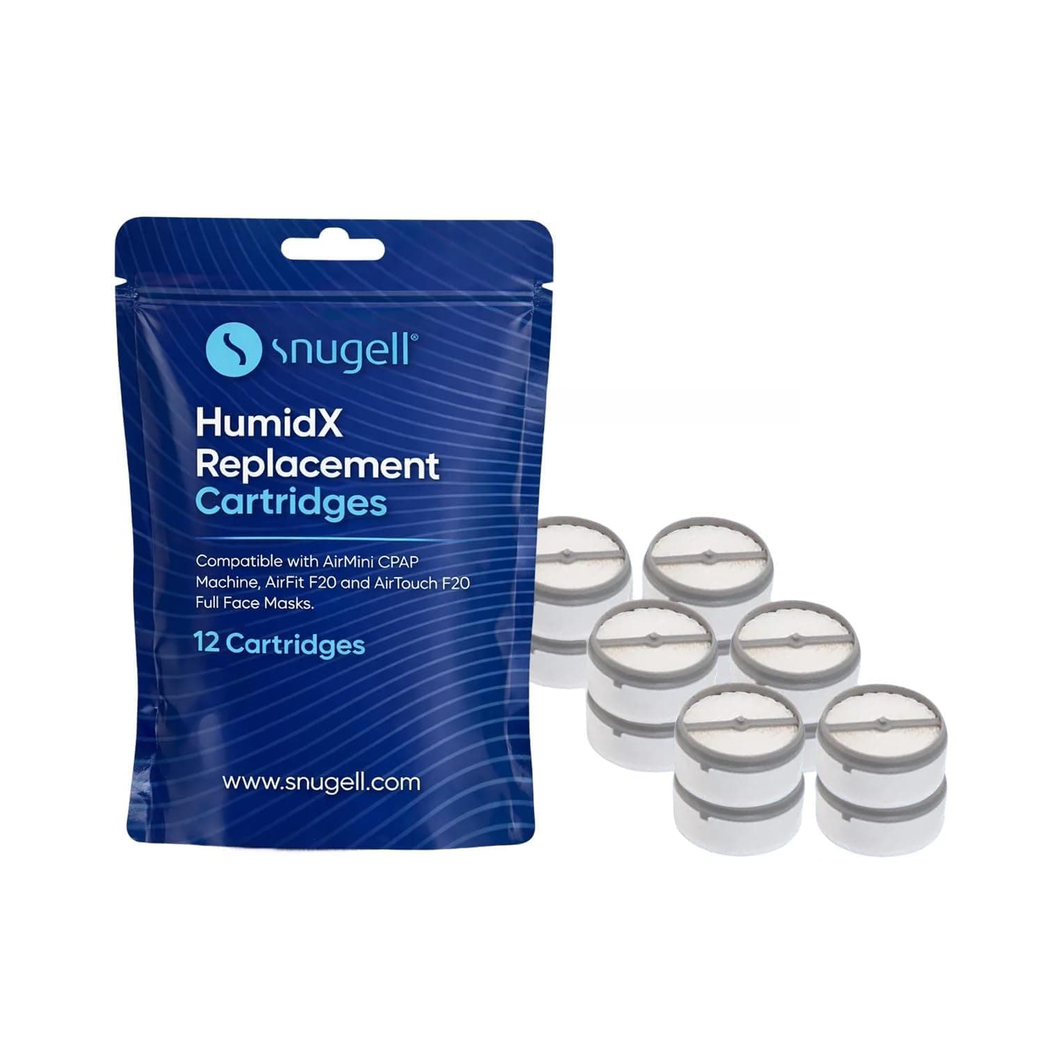HumidX Plus for Airmini CPAP Machine by Snugell | 12-Pack | ResMed Airmini HumidX Plus Replacement Cartridges | Compatible with P10 Nasal Pillows & N20/N30 Nasal Masks (12)
