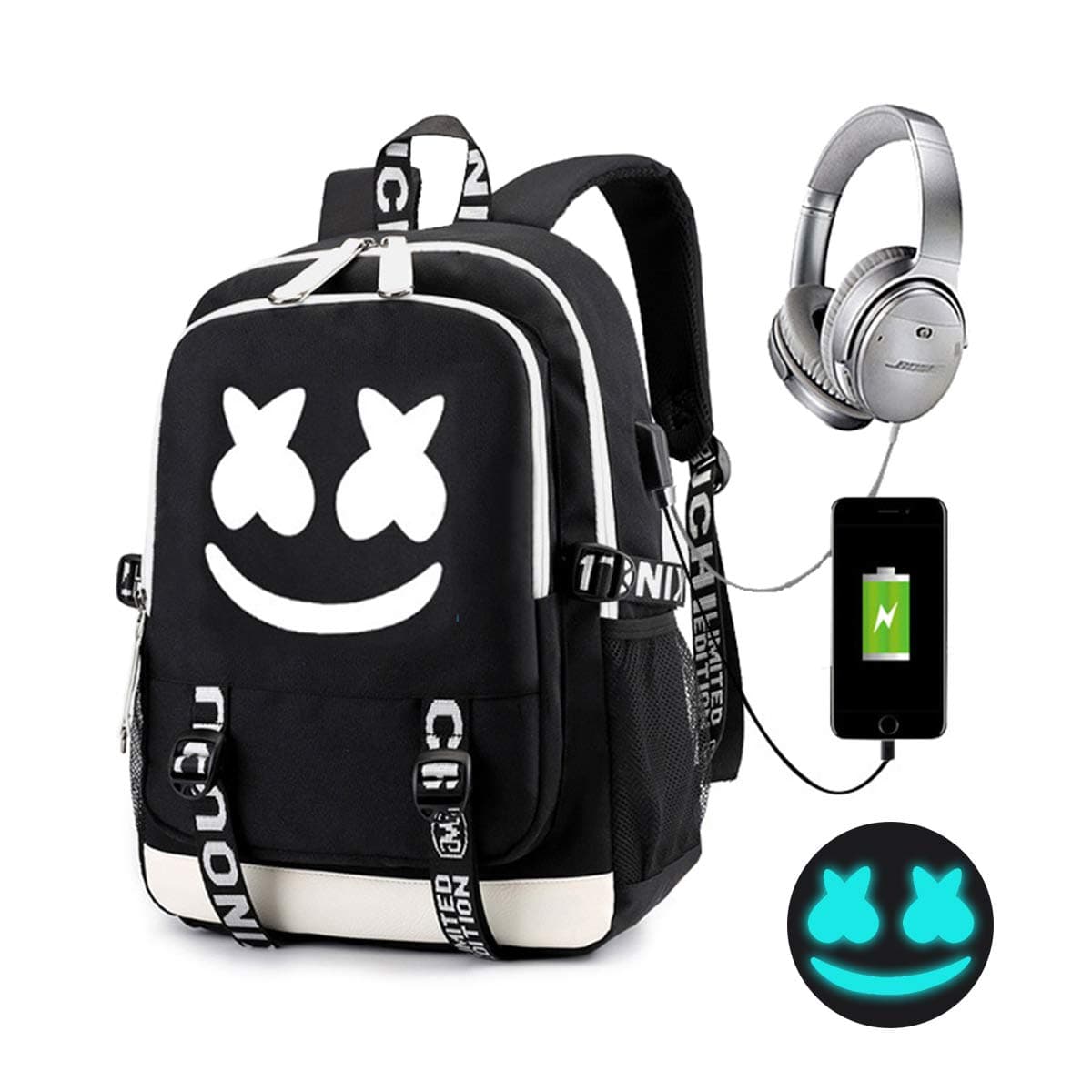 Luminous DJ Laptop Backpack Studen Daypack with USB Charging Fashion Bag (Black)