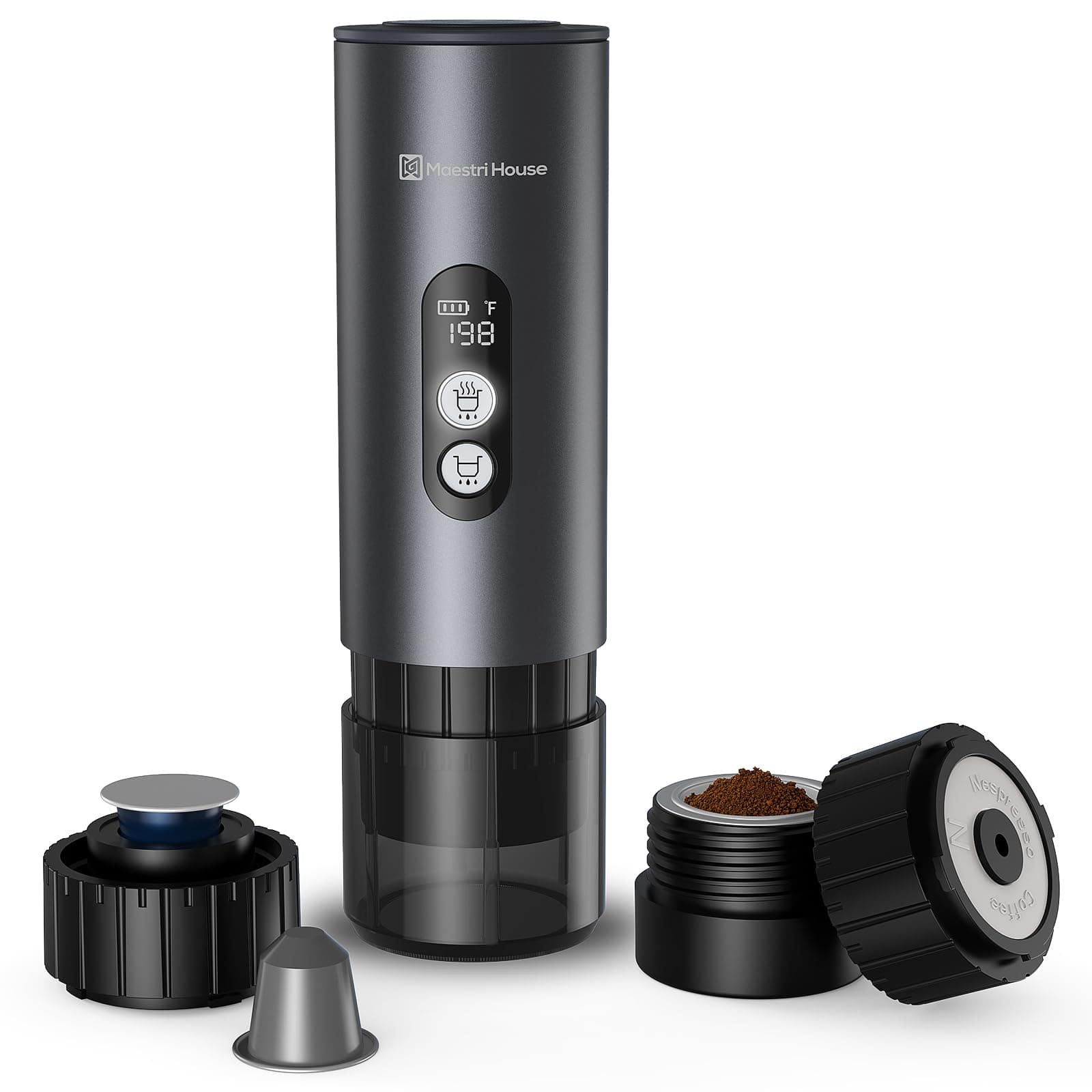 Maestri House Portable Electric Espresso Machine with 2-3 Min Self-Heating, 150W Travel Espresso Coffee Maker with Small Tea Cup Also Holder for NS Capsule & Ground Coffee for Car Camping, RV, Hiking