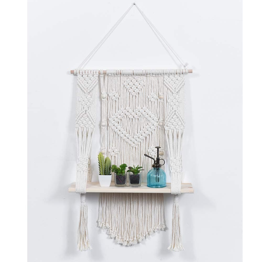 Ebristar Macrame Wall Hanging Shelf, Single Tier Wood Floating Hanging Shelf Organizer Hanger, Handmade Boho Home Wall Decor