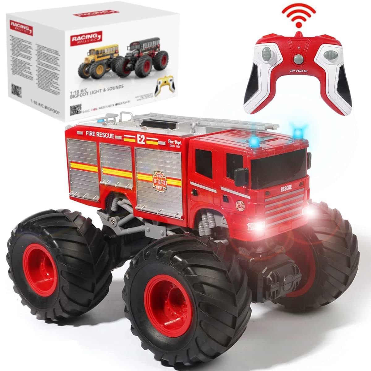 Remote Control Monster Truck - 1:18 Scale RC Monster Fire Fighter, 2.4GHz Big Wheel School Bus with Lights, Sounds, Rechargeable Electric Toy Stunt Jam Car for Kids, Boys, Girls (Fire Truck)