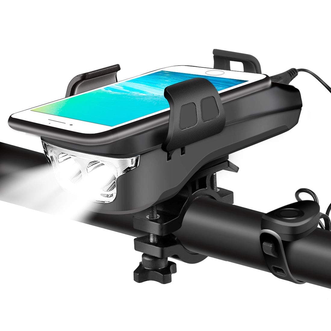 USB Rechargeable Bike Headlight, 4 in 1 Waterproof Bicycle Light with Bike Horn & Phone Holder & Power Bank, Cycling Safety Commuter Front Light with Easy Installation (Black)