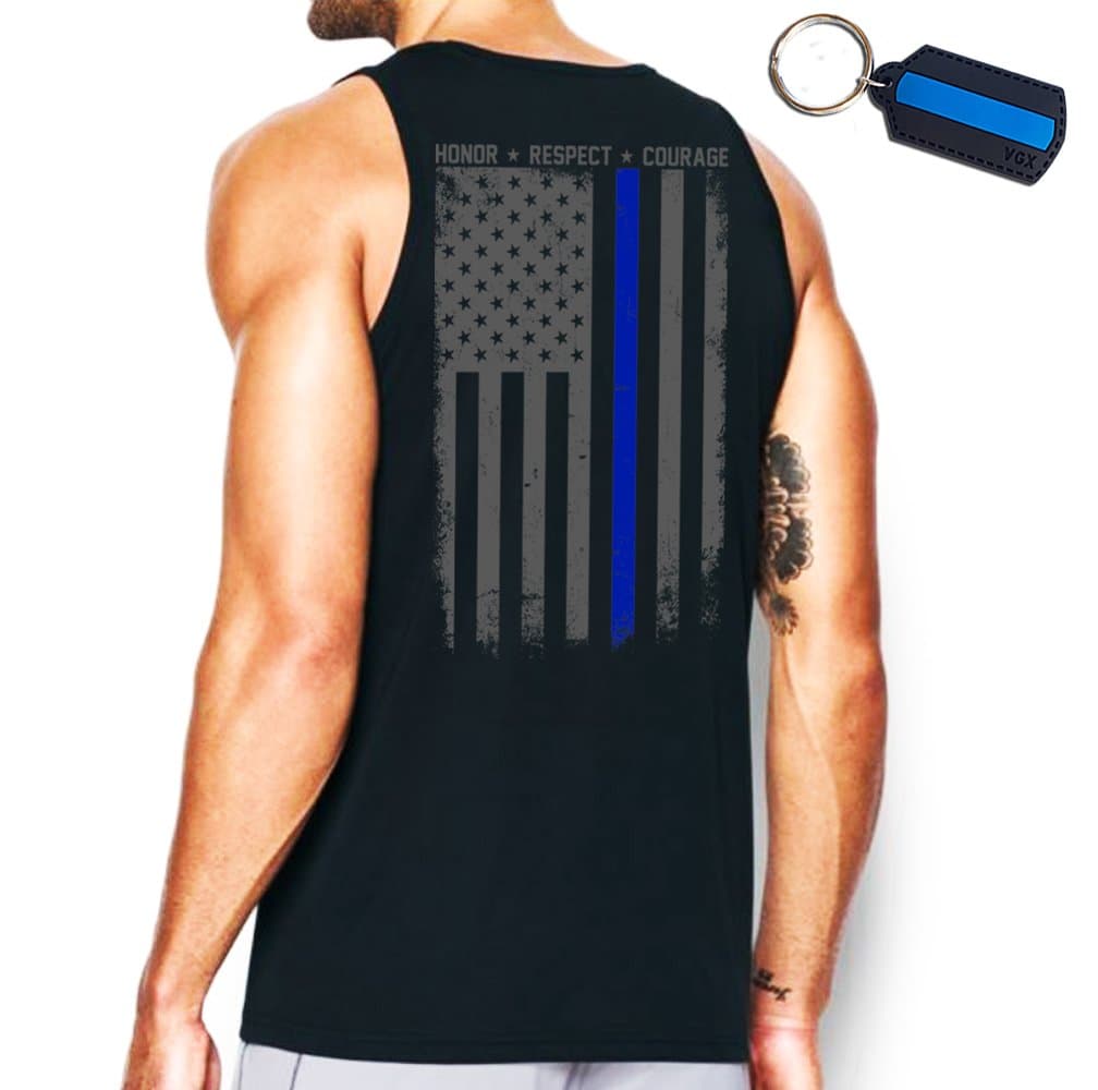 Thin Blue Line Flag Leo Police Support Front & Back Men's Tank Top & Keychain Gift
