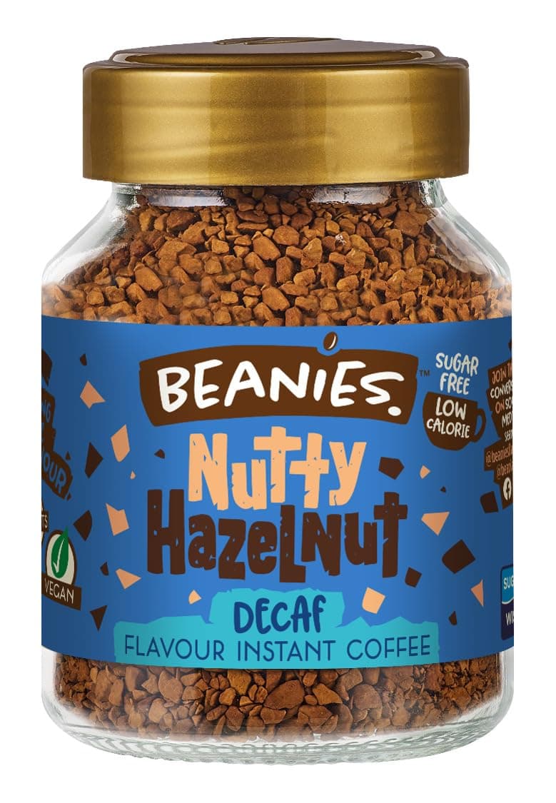 Beanies Decaf Instant Coffee with Nutty Hazelnut Flavour, 400g (50g x 8 Pack) - Freeze-Dried Granules, Quick & Easy to Brew, Premium Taste, Low Caffeine, Rich in Flavour, Low-Calorie, Sugar-Free